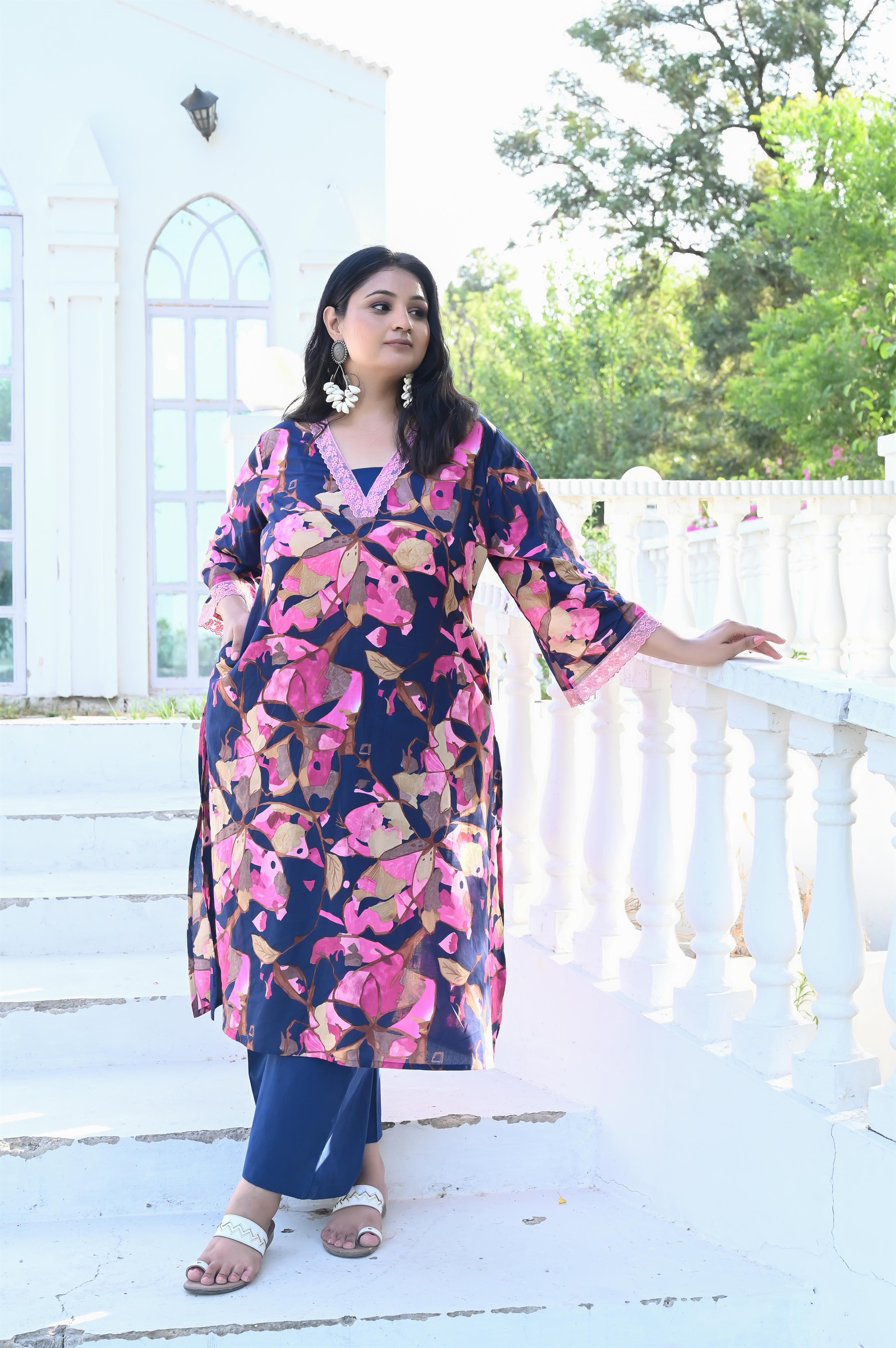 Navy Blue Floral Printed Cotton Straight Kurta-Pant