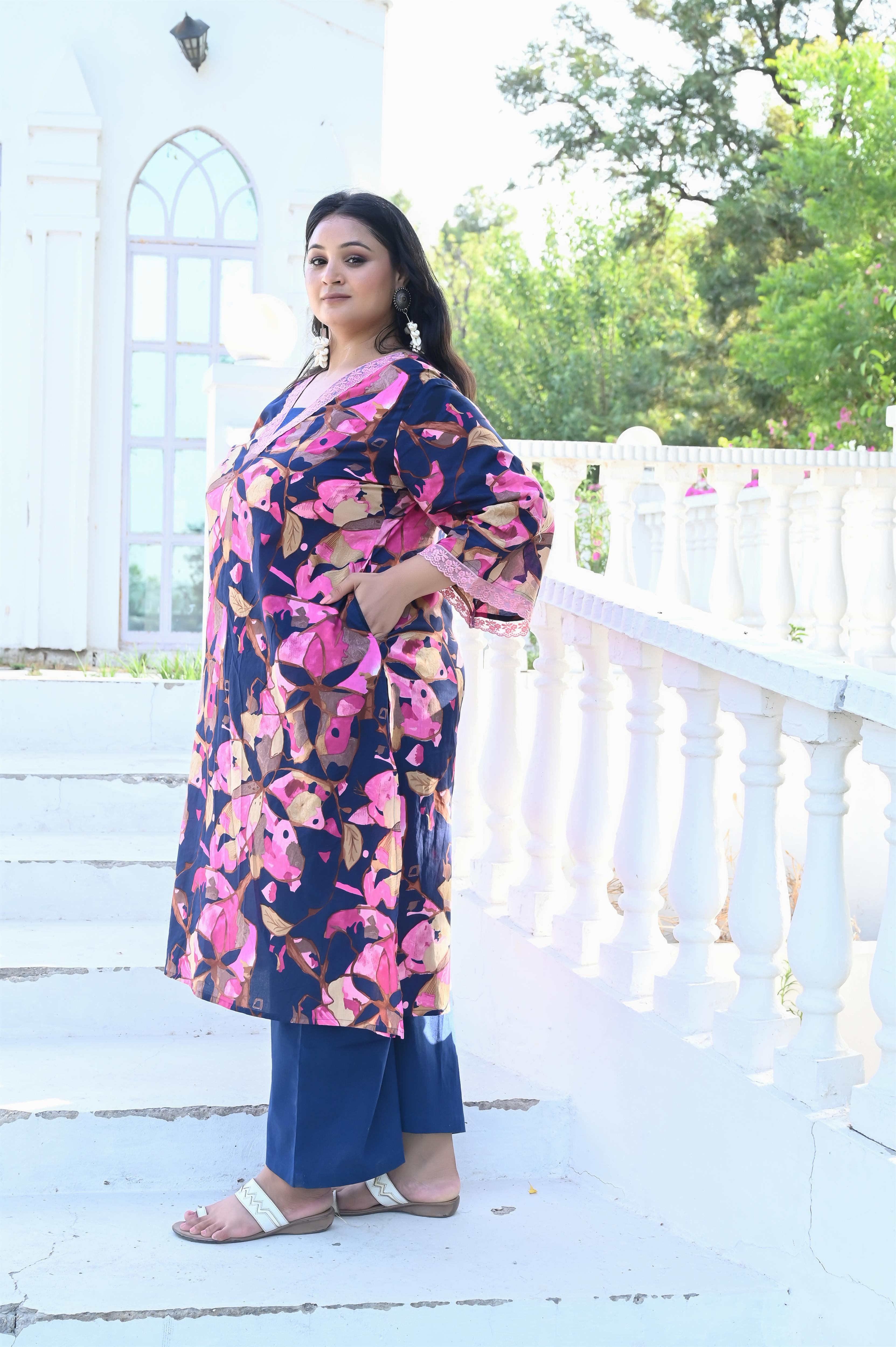 Navy Blue Floral Printed Cotton Straight Kurta-Pant