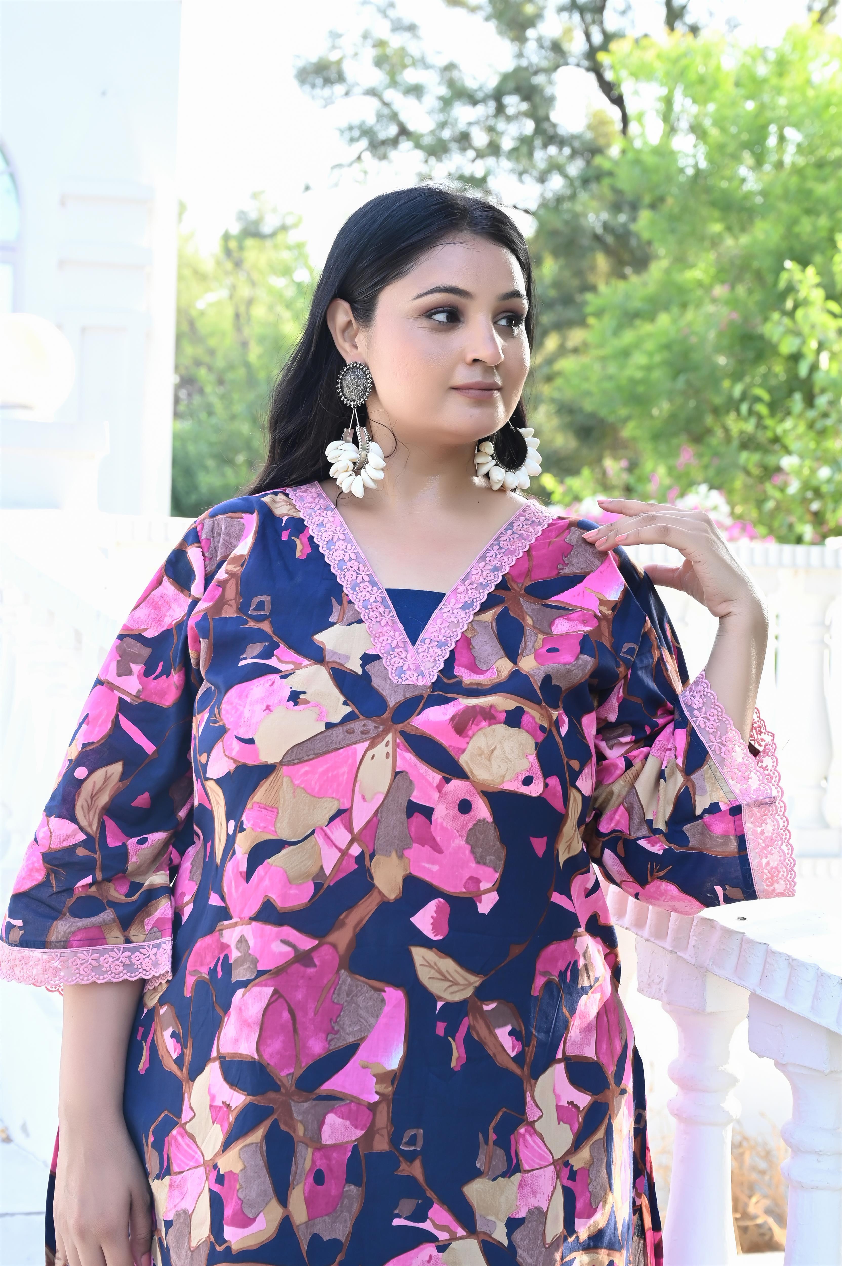 Navy Blue Floral Printed Cotton Straight Kurta-Pant