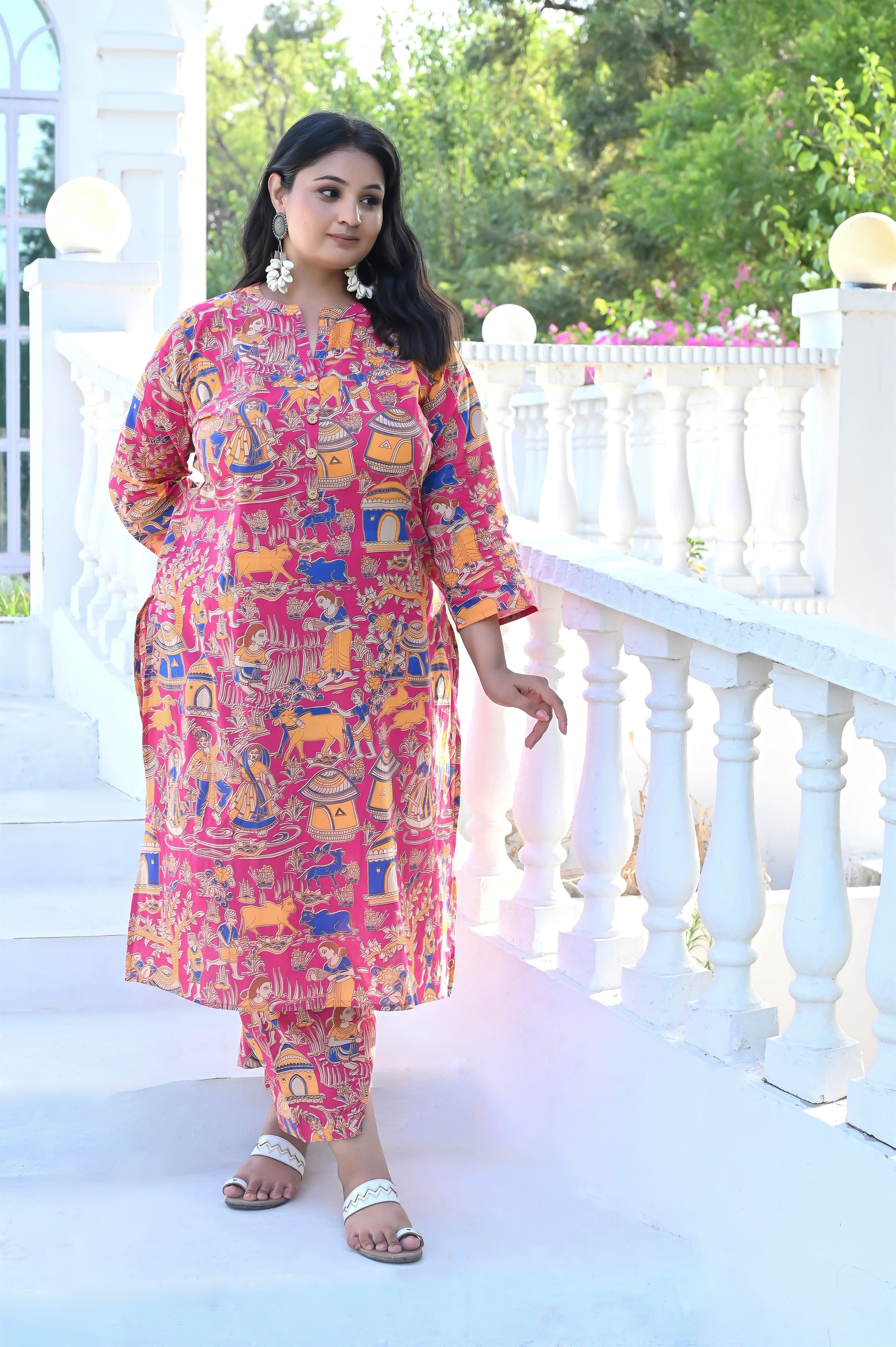 Plus Size Pink Pichwai Art Printed Kurta Pant