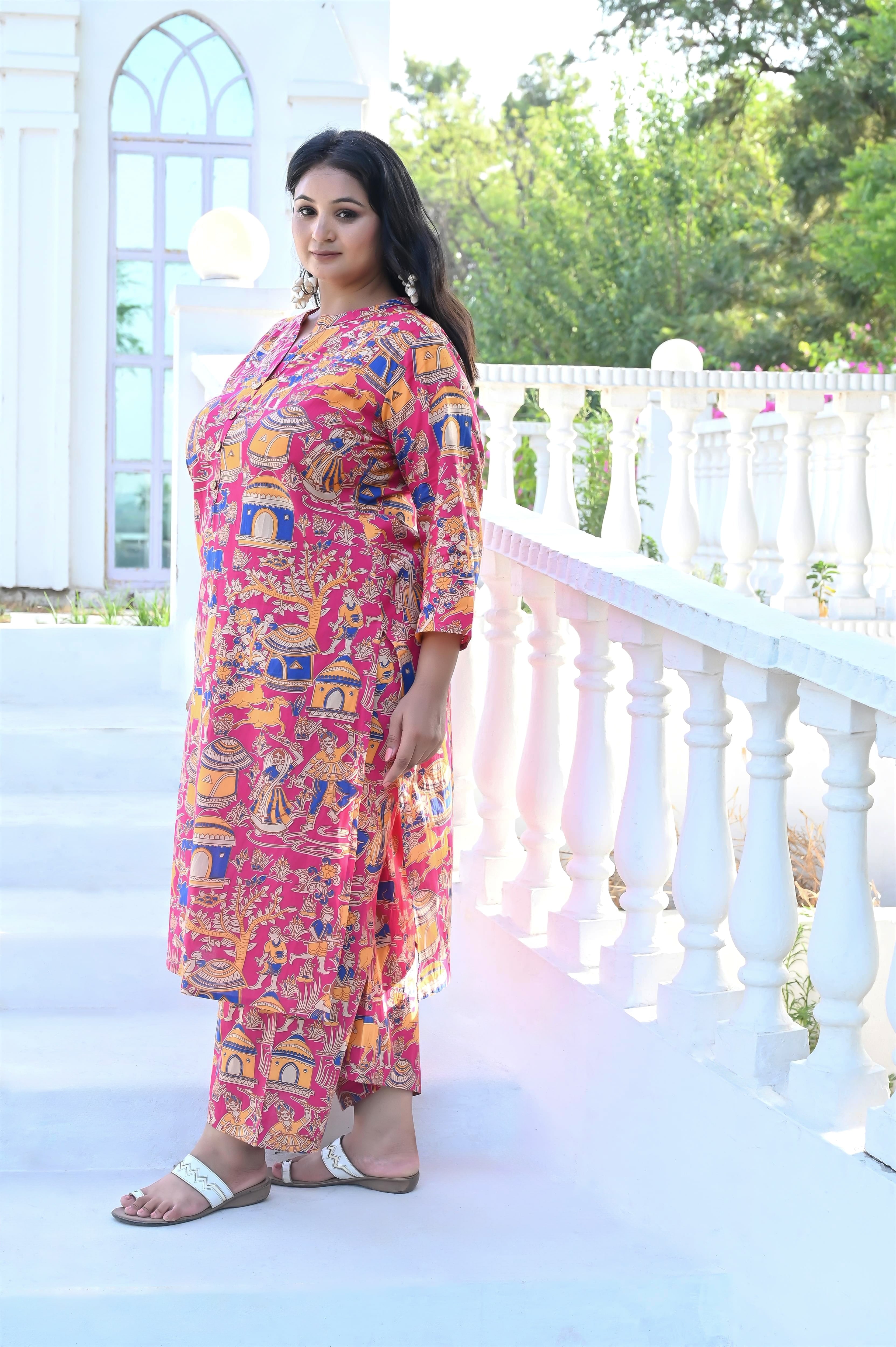Plus Size Pink Pichwai Art Printed Kurta Pant