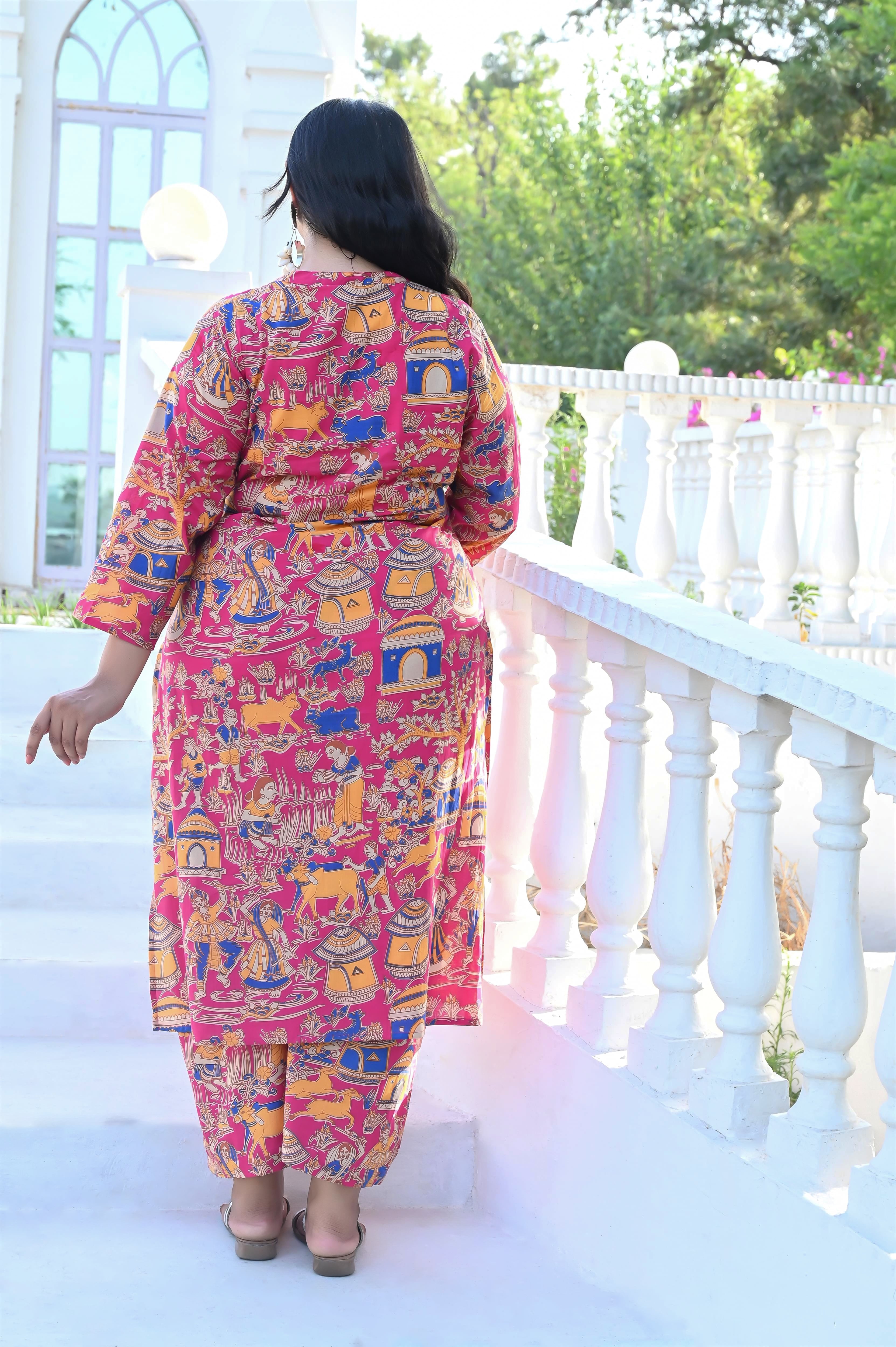Plus Size Pink Pichwai Art Printed Kurta Pant