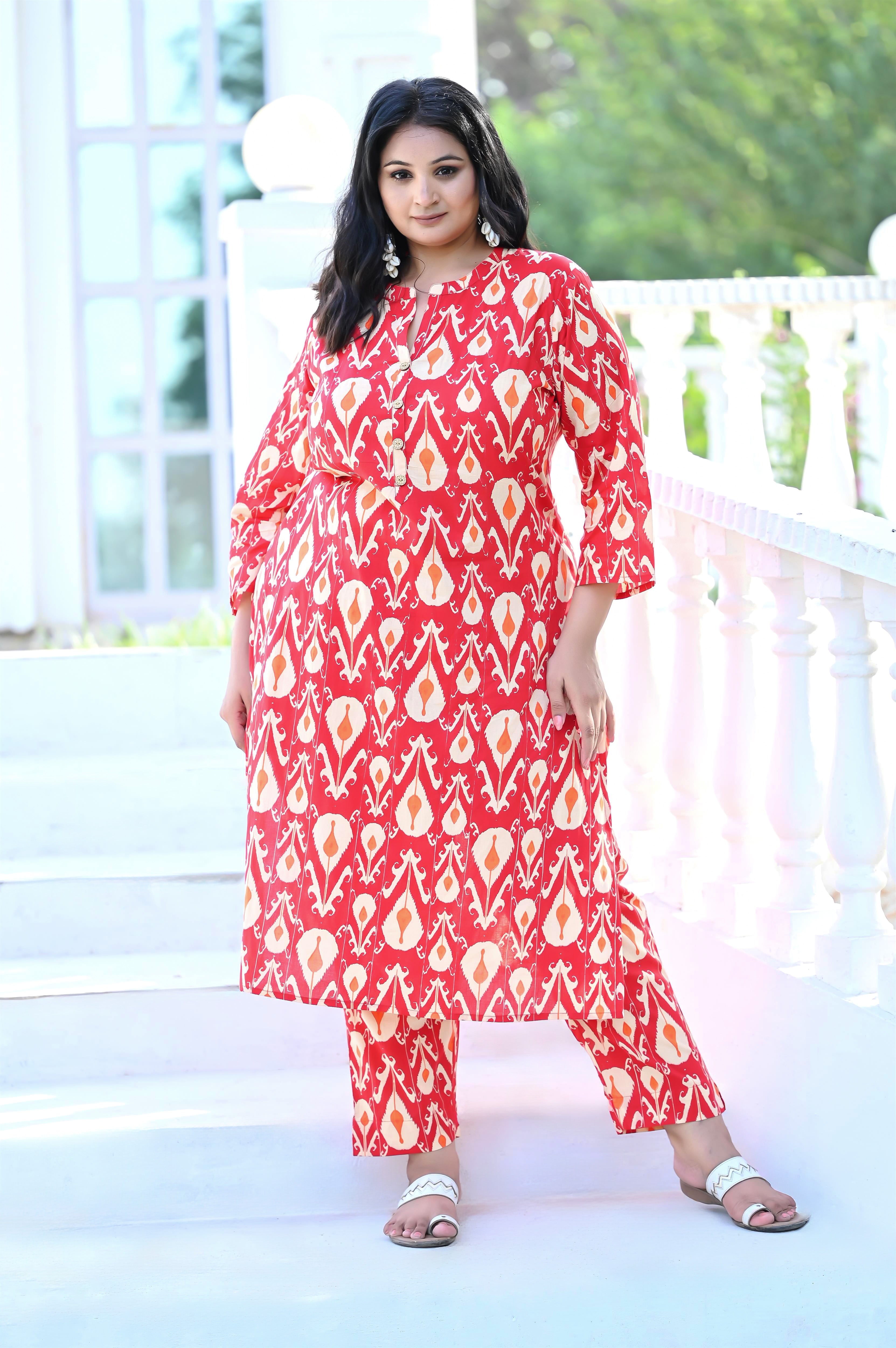 Plus Size Red Ikat Printed Kurta Pant
