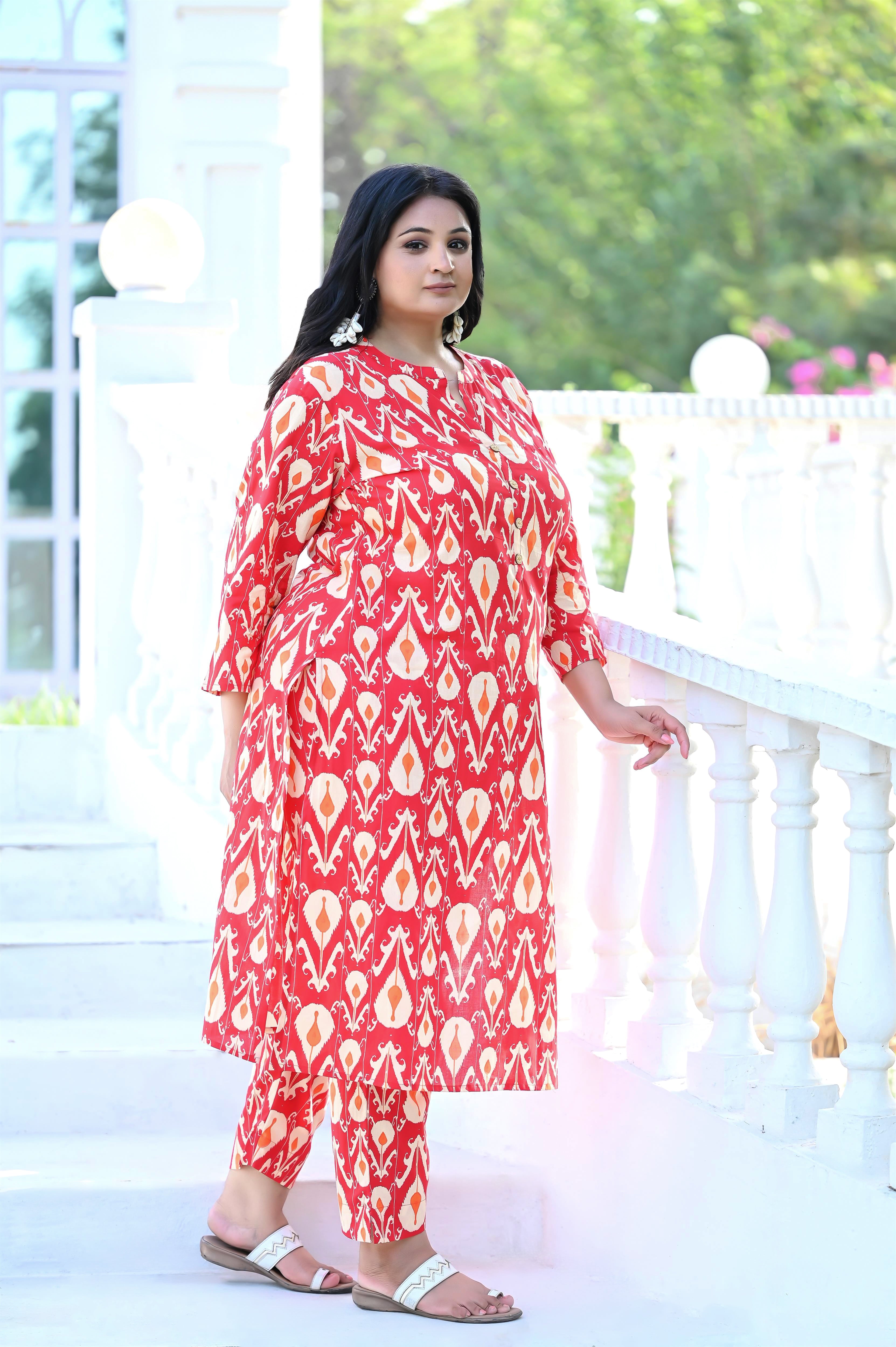 Plus Size Red Ikat Printed Kurta Pant