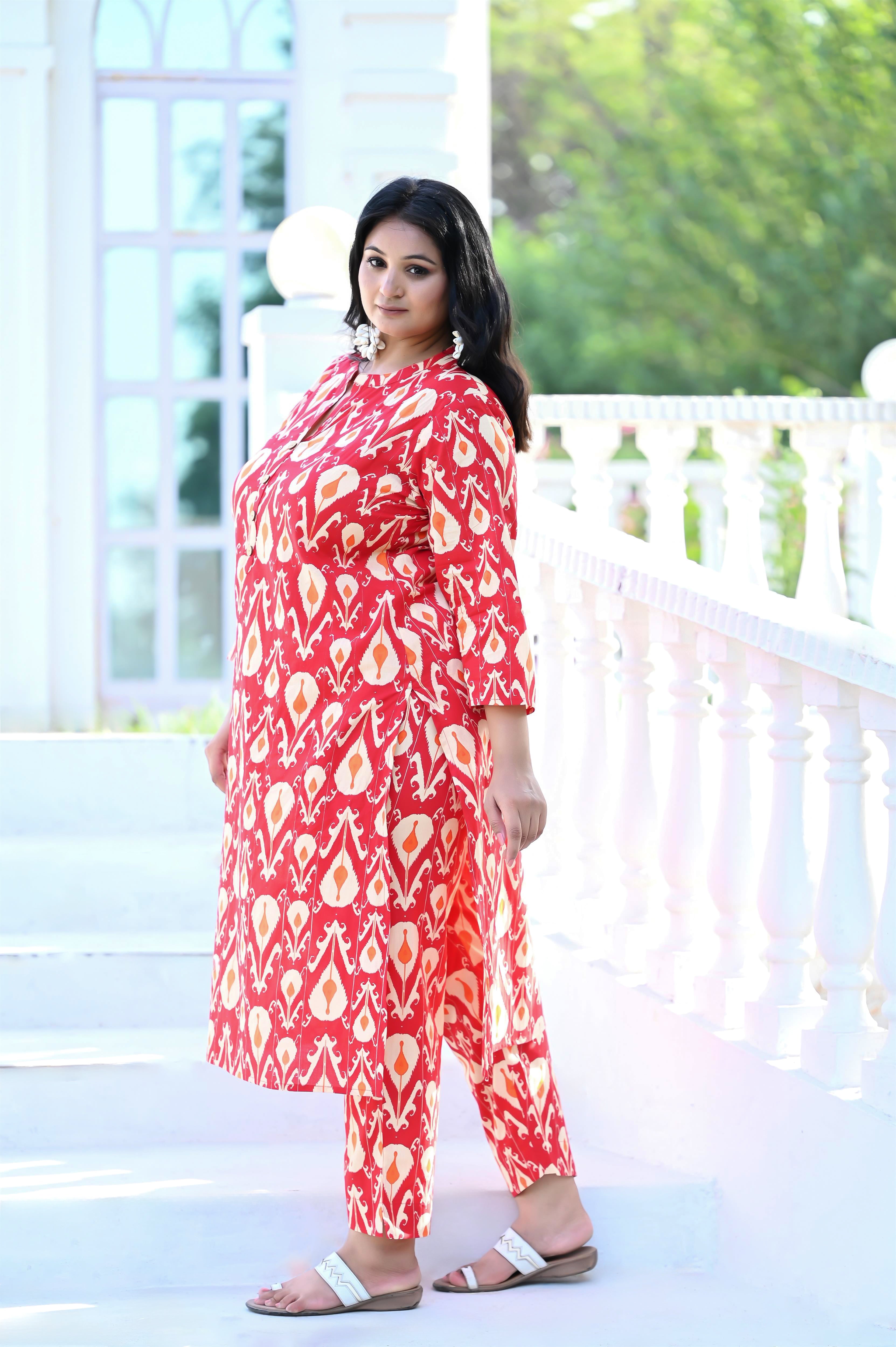 Plus Size Red Ikat Printed Kurta Pant