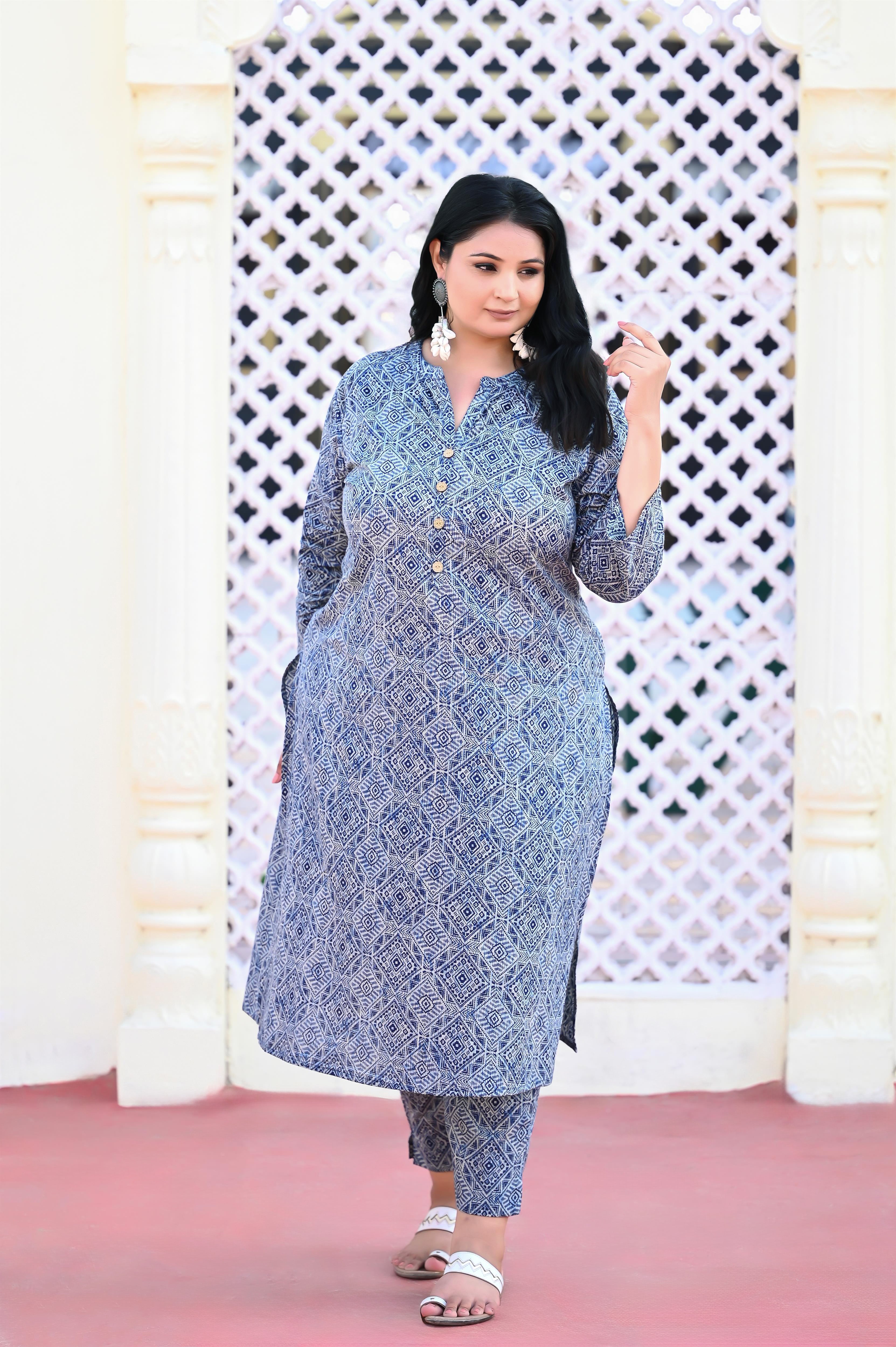 Plus size Indigo blue abstract printed kurta pant