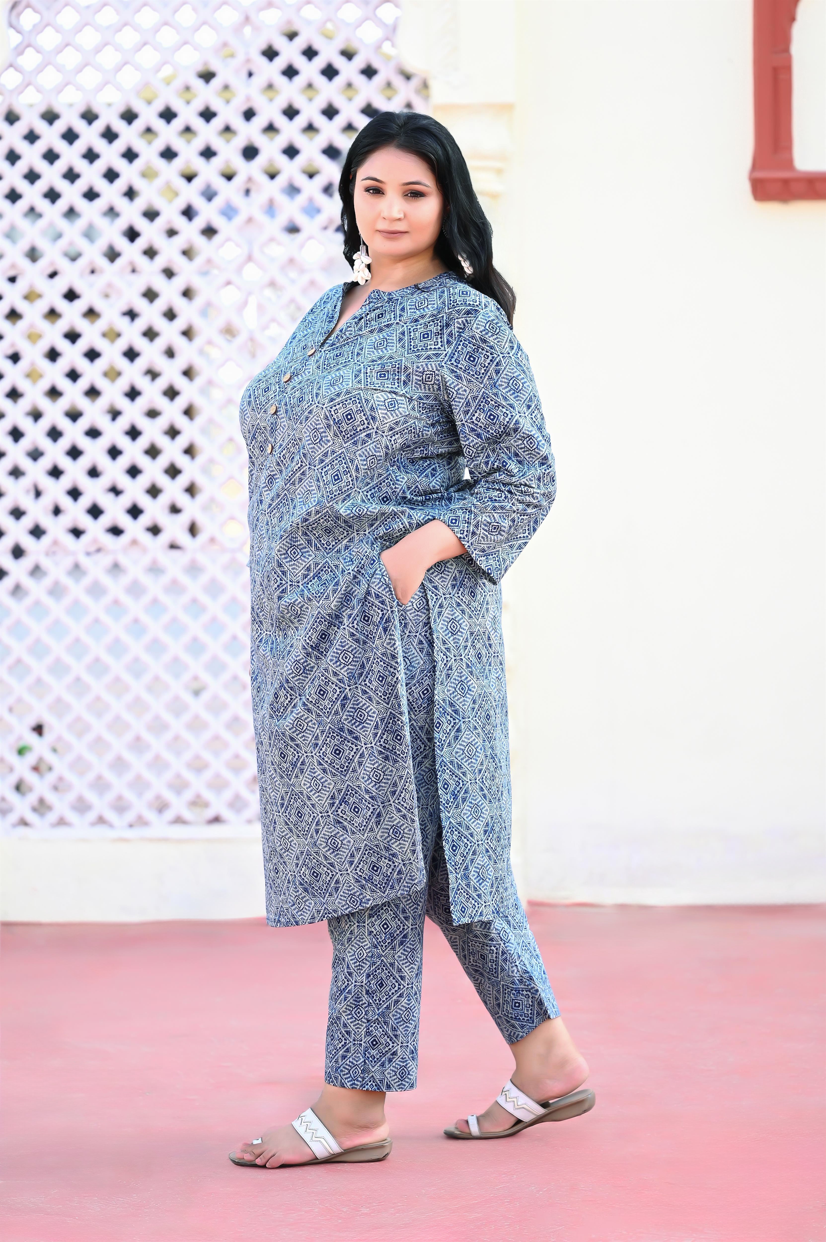 Plus size Indigo blue abstract printed kurta pant