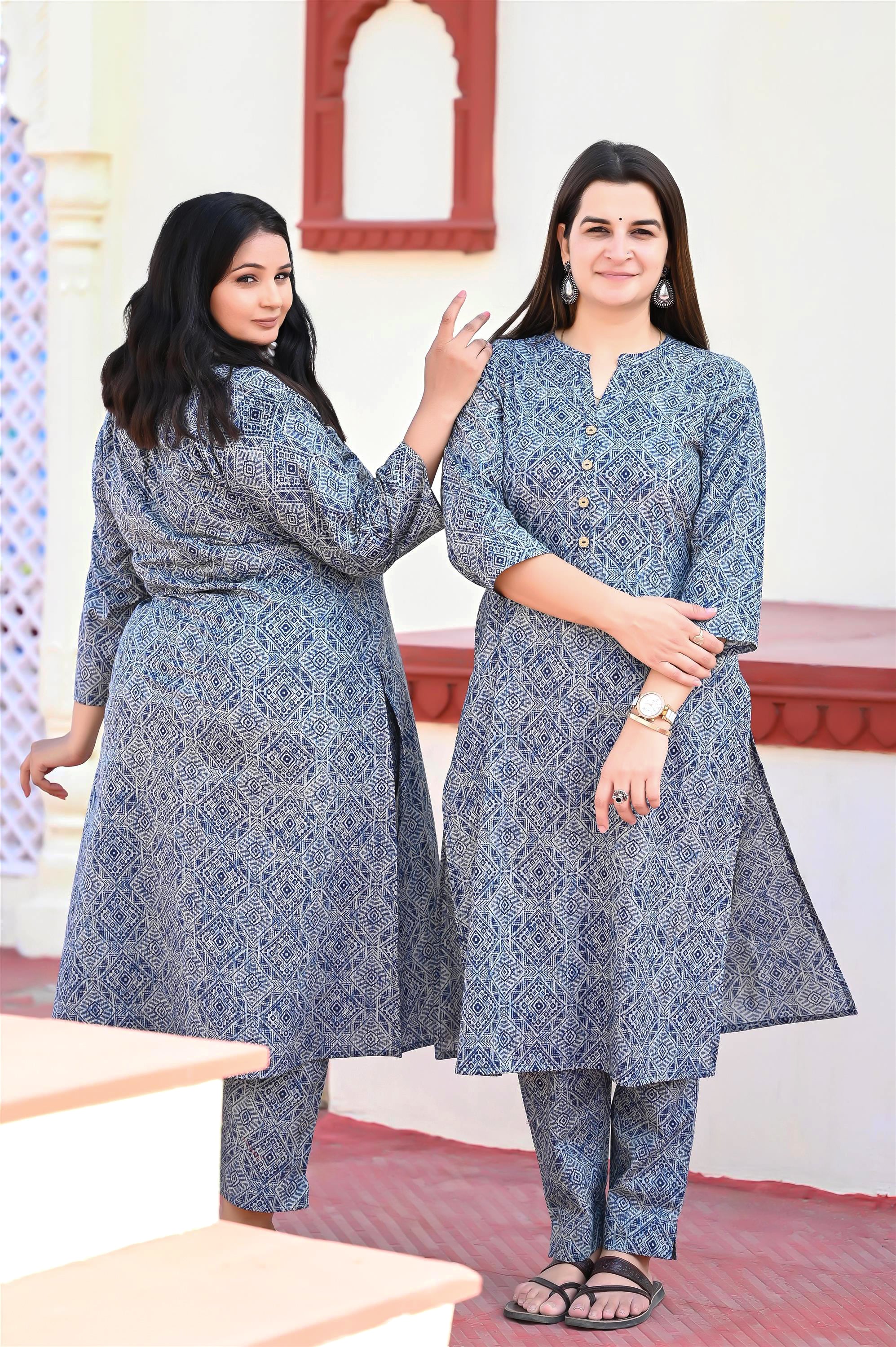 Plus size Indigo blue abstract printed kurta pant