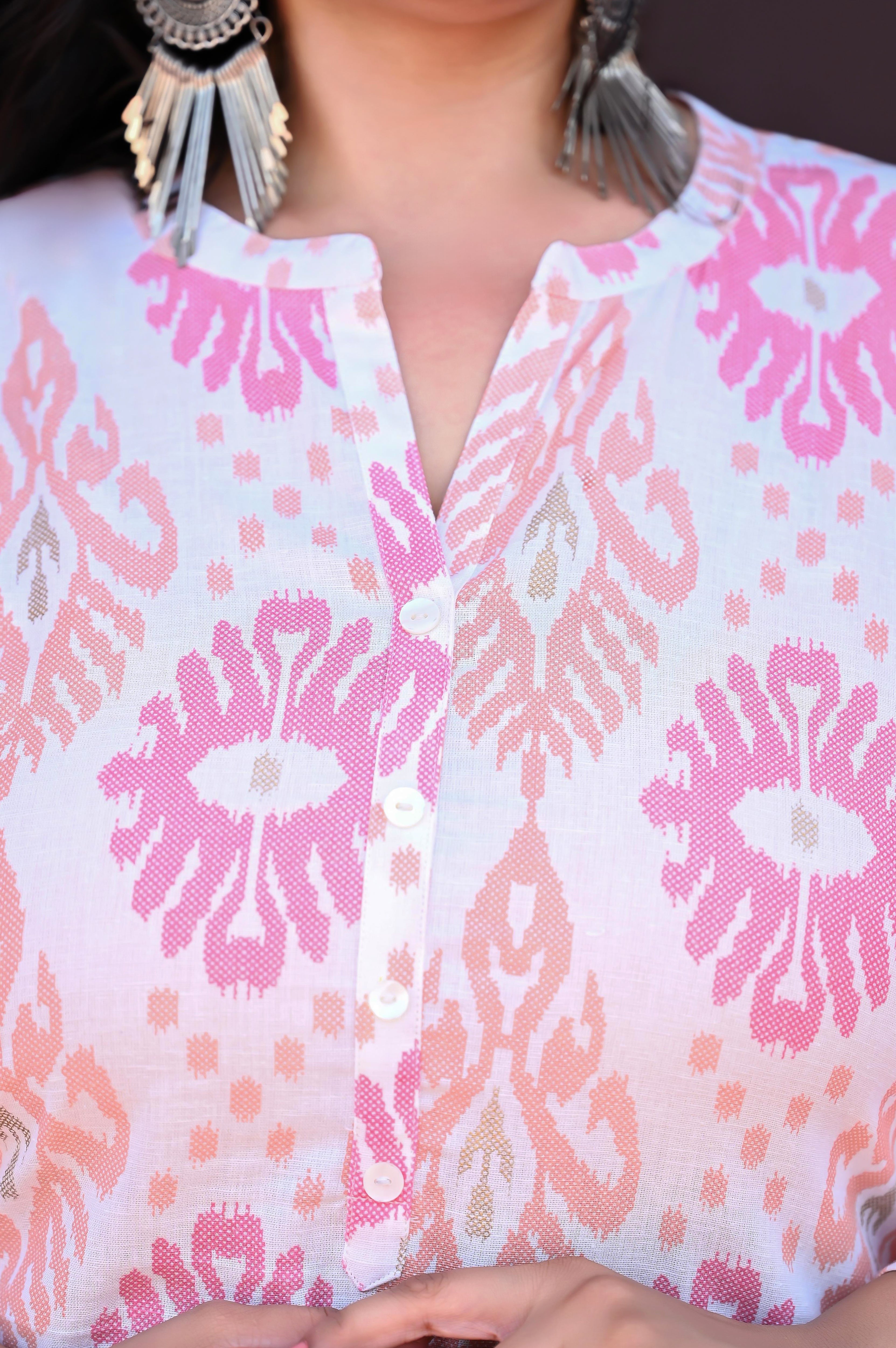 Plus size white pink Ikat art printed kurta pant