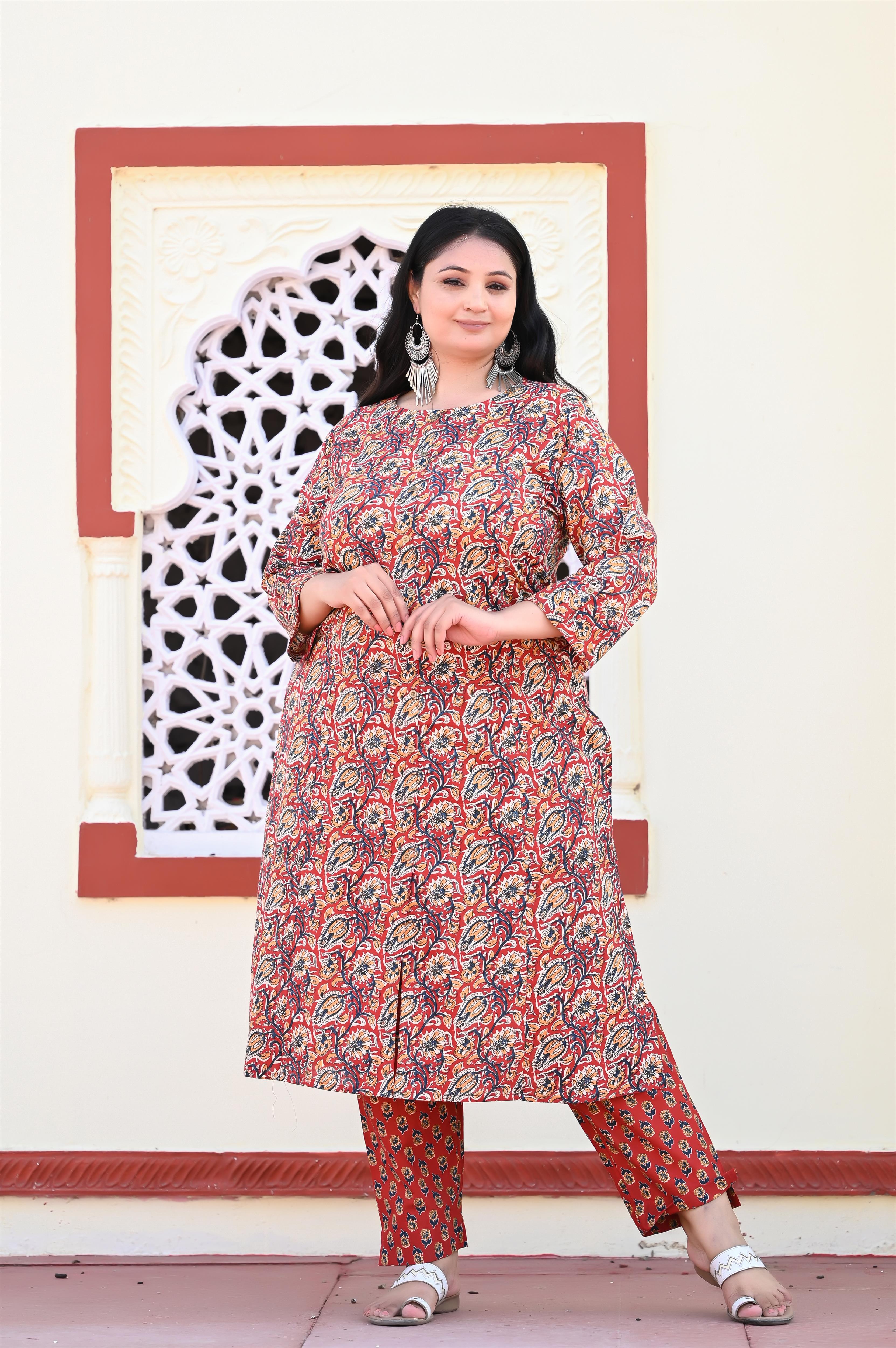 Maroon-Blue Kalamkari Hand Block Printed Princess Cut Kurta-Pant