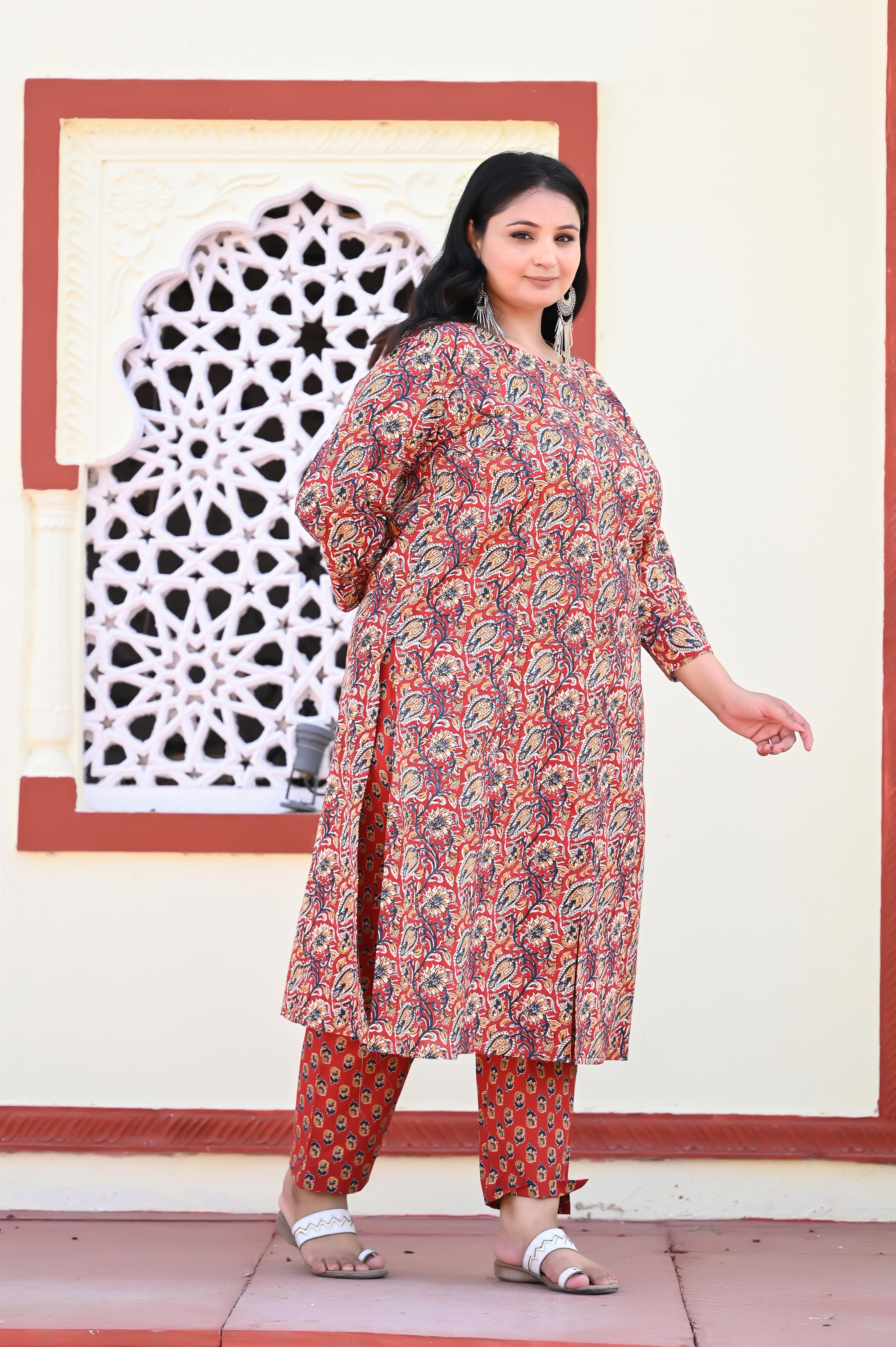 Maroon-Blue Kalamkari Hand Block Printed Princess Cut Kurta-Pant