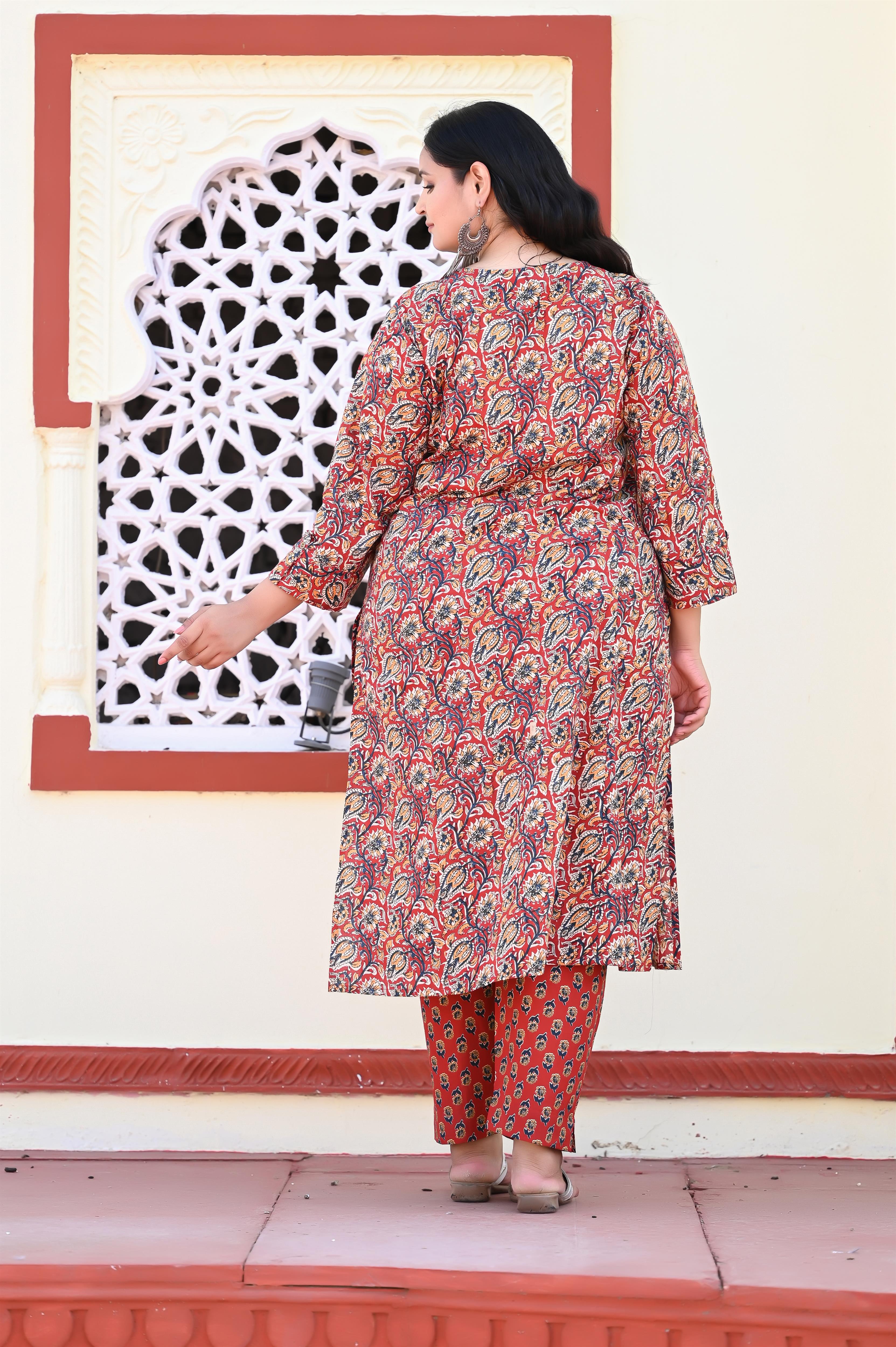 Maroon-Blue Kalamkari Hand Block Printed Princess Cut Kurta-Pant