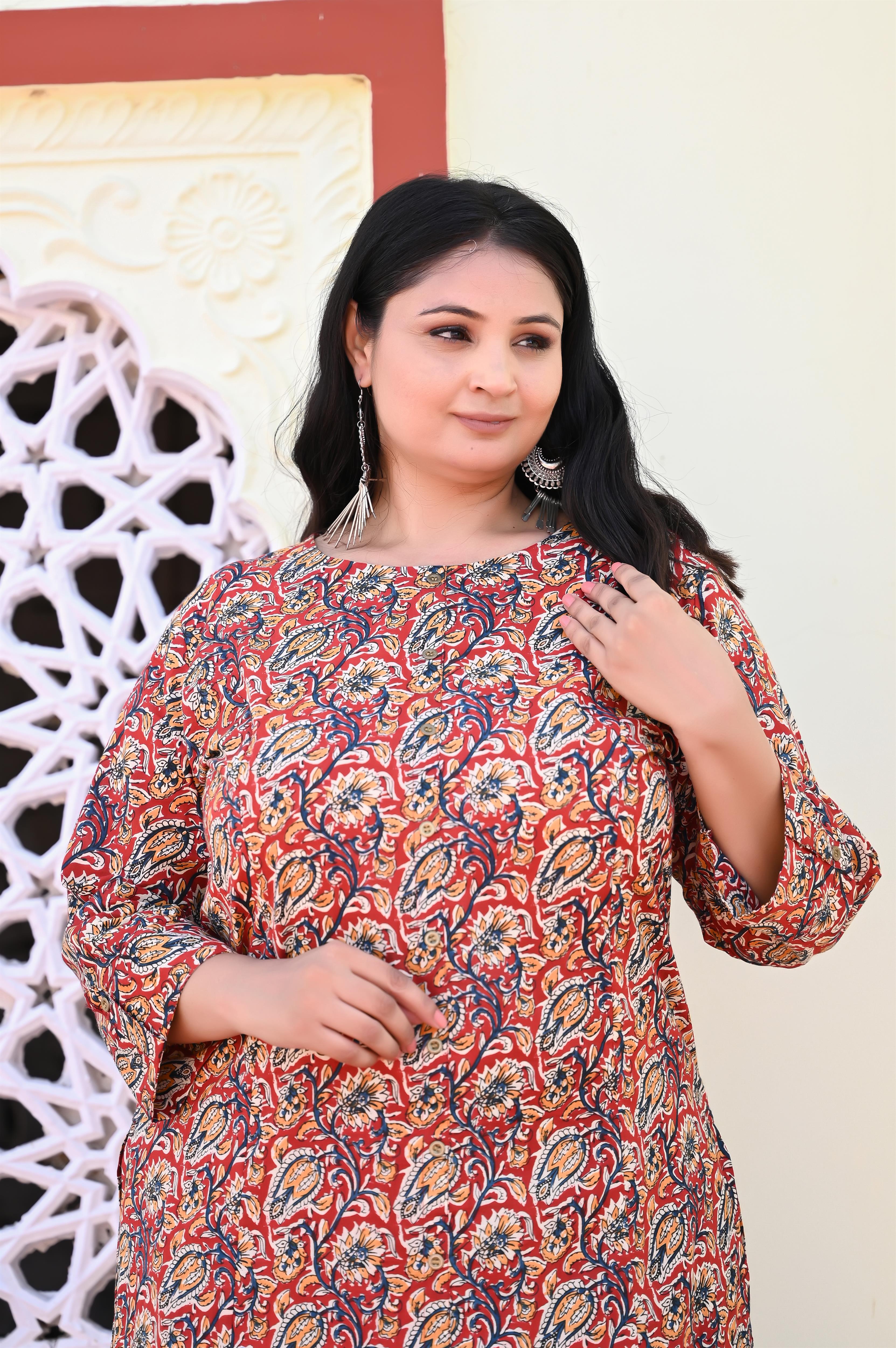 Maroon-Blue Kalamkari Hand Block Printed Princess Cut Kurta-Pant