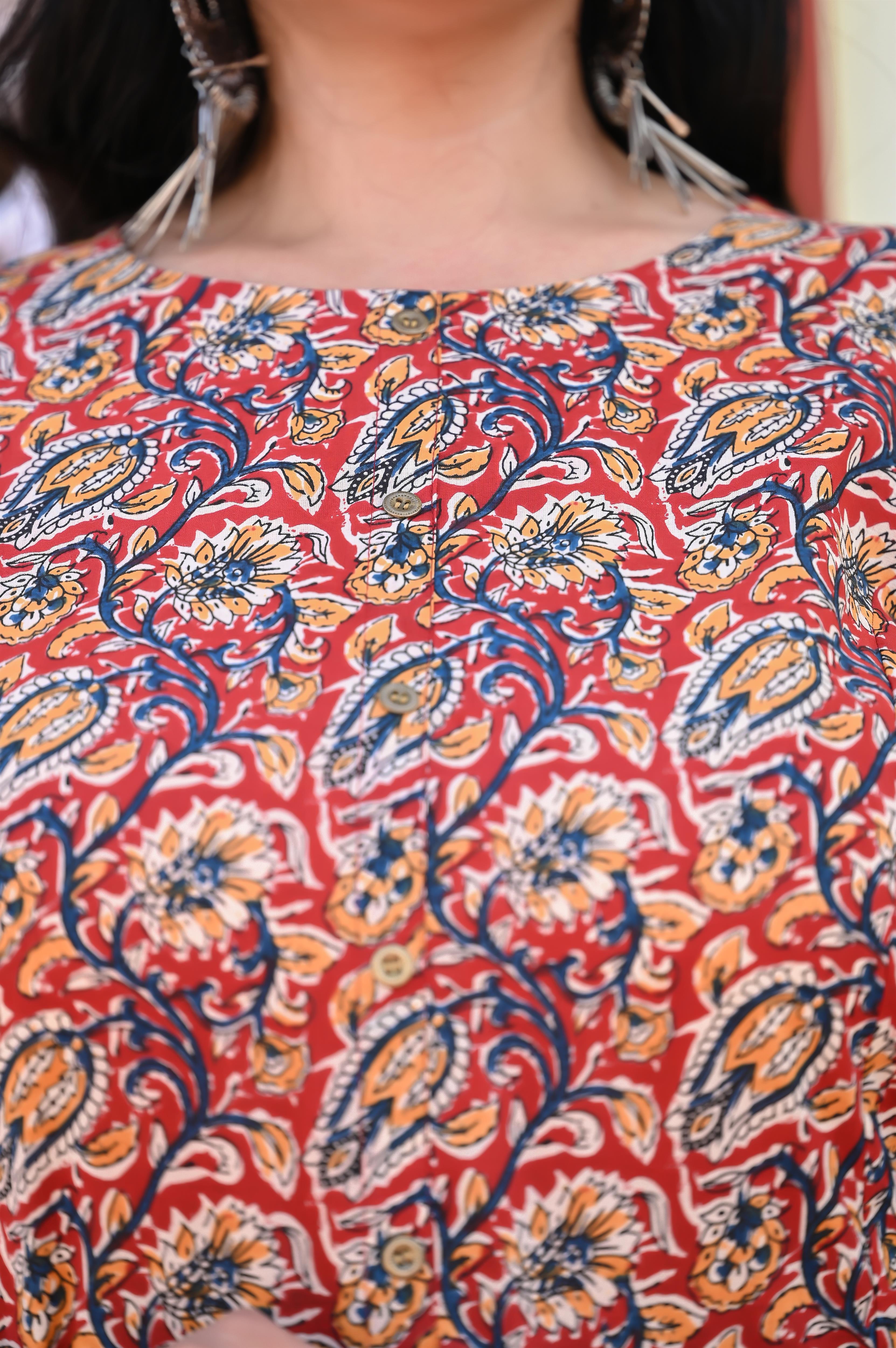 Maroon-Blue Kalamkari Hand Block Printed Princess Cut Kurta-Pant