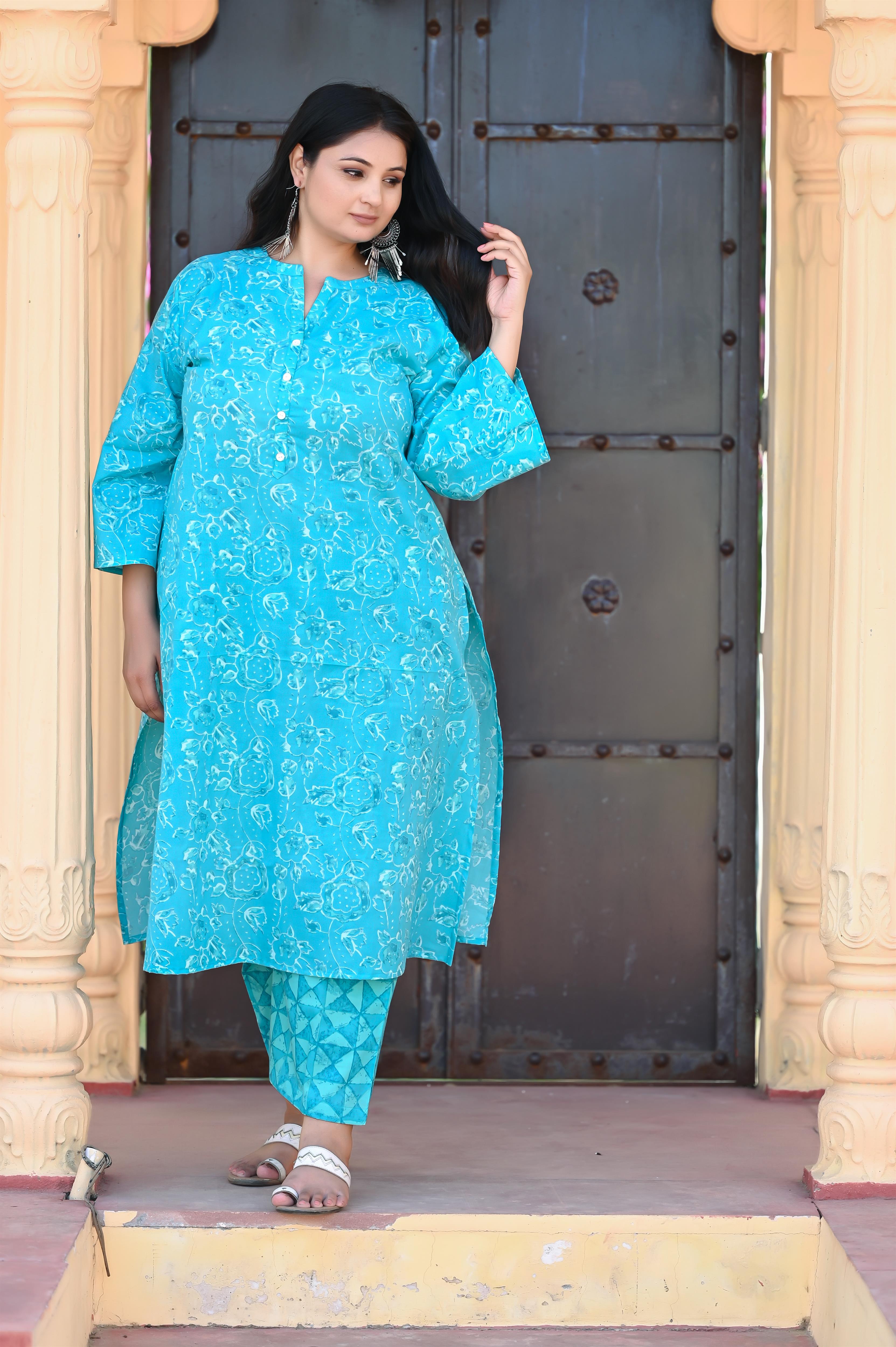 Ferozi Colour Straight Pure Cotton Kurta-Pant