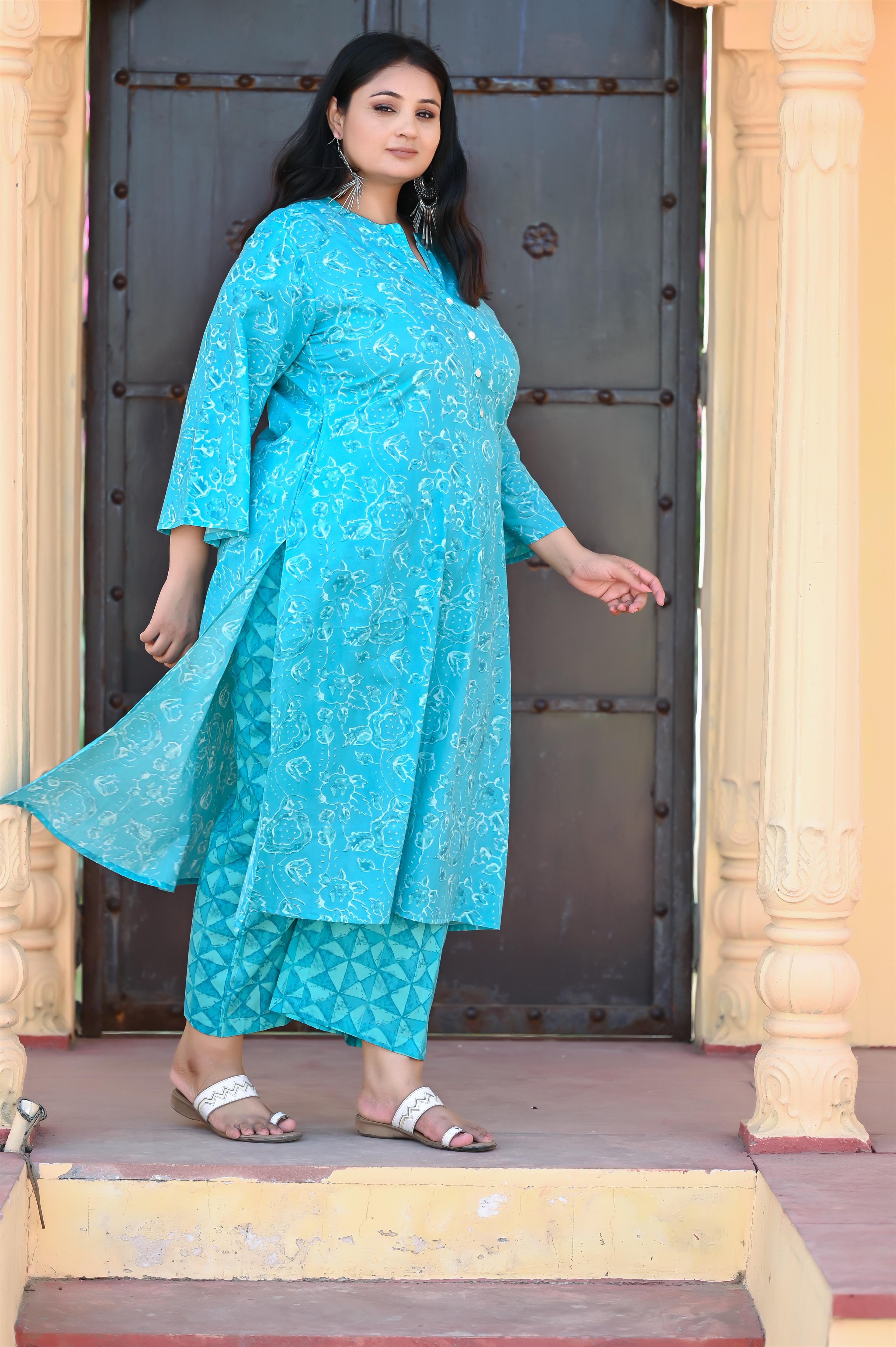 Ferozi Colour Straight Pure Cotton Kurta-Pant