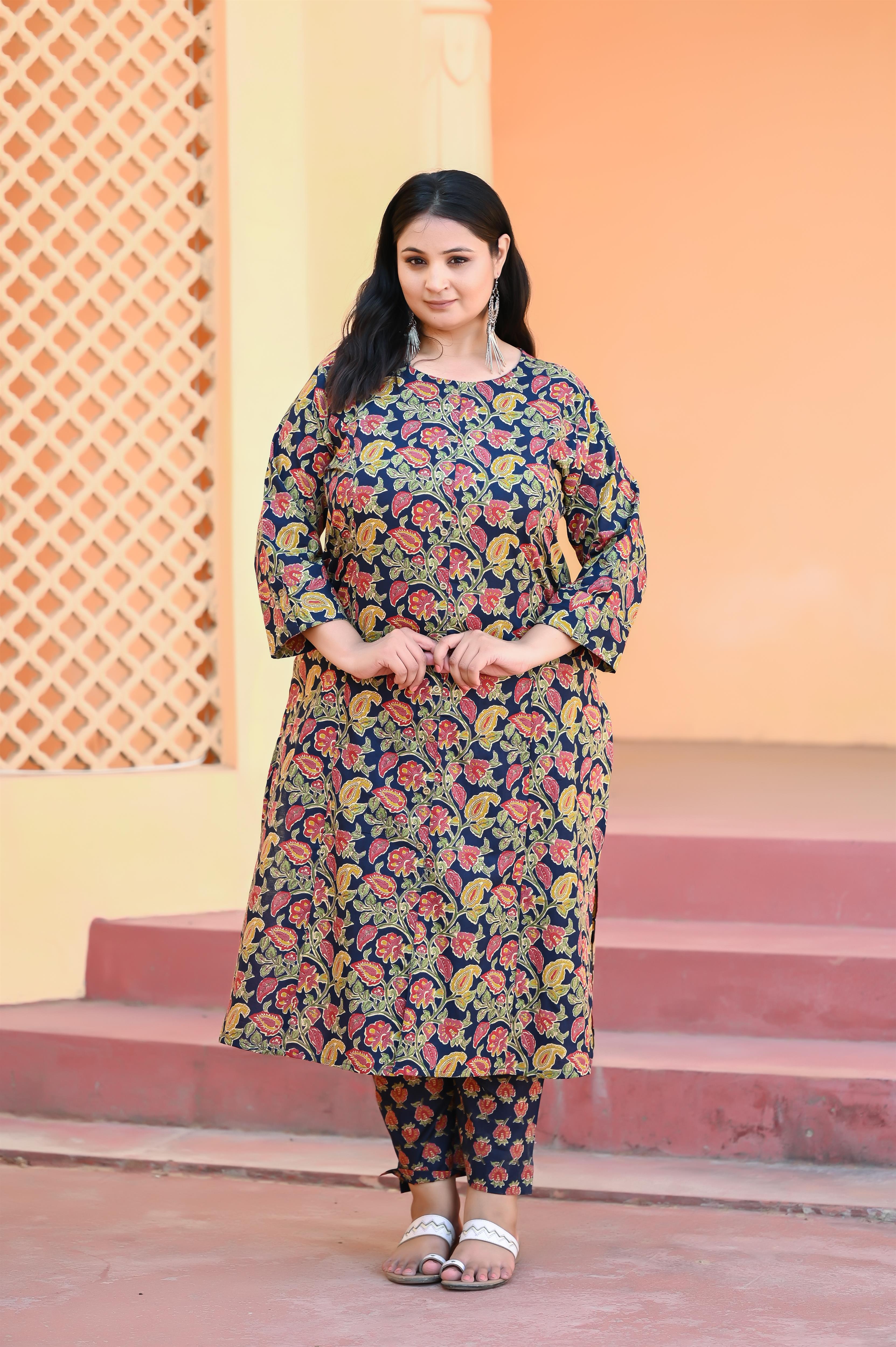 Navy Blue Kalamkari Printed A Line Kurta -Pant