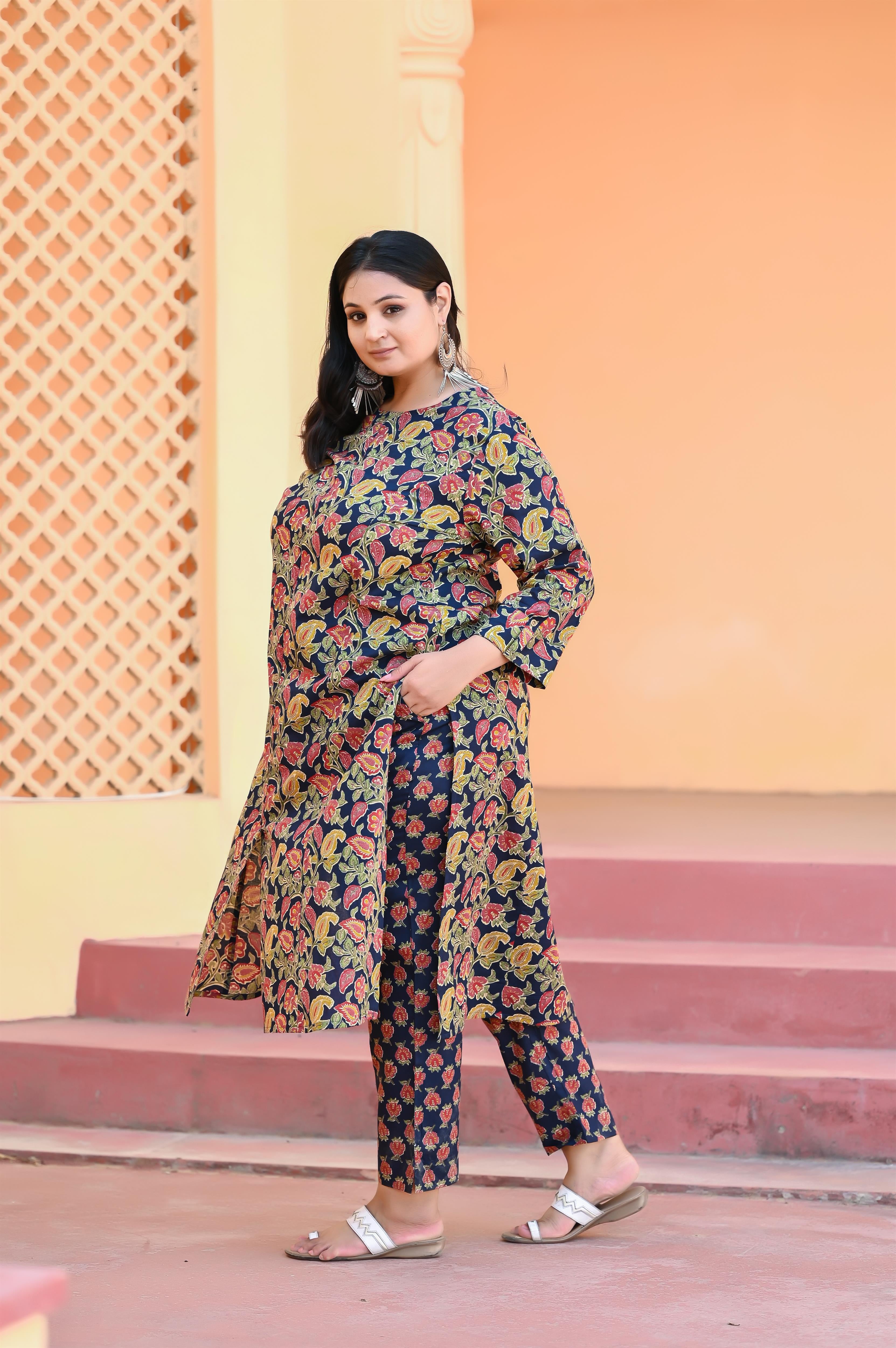 Navy Blue Kalamkari Printed A Line Kurta -Pant