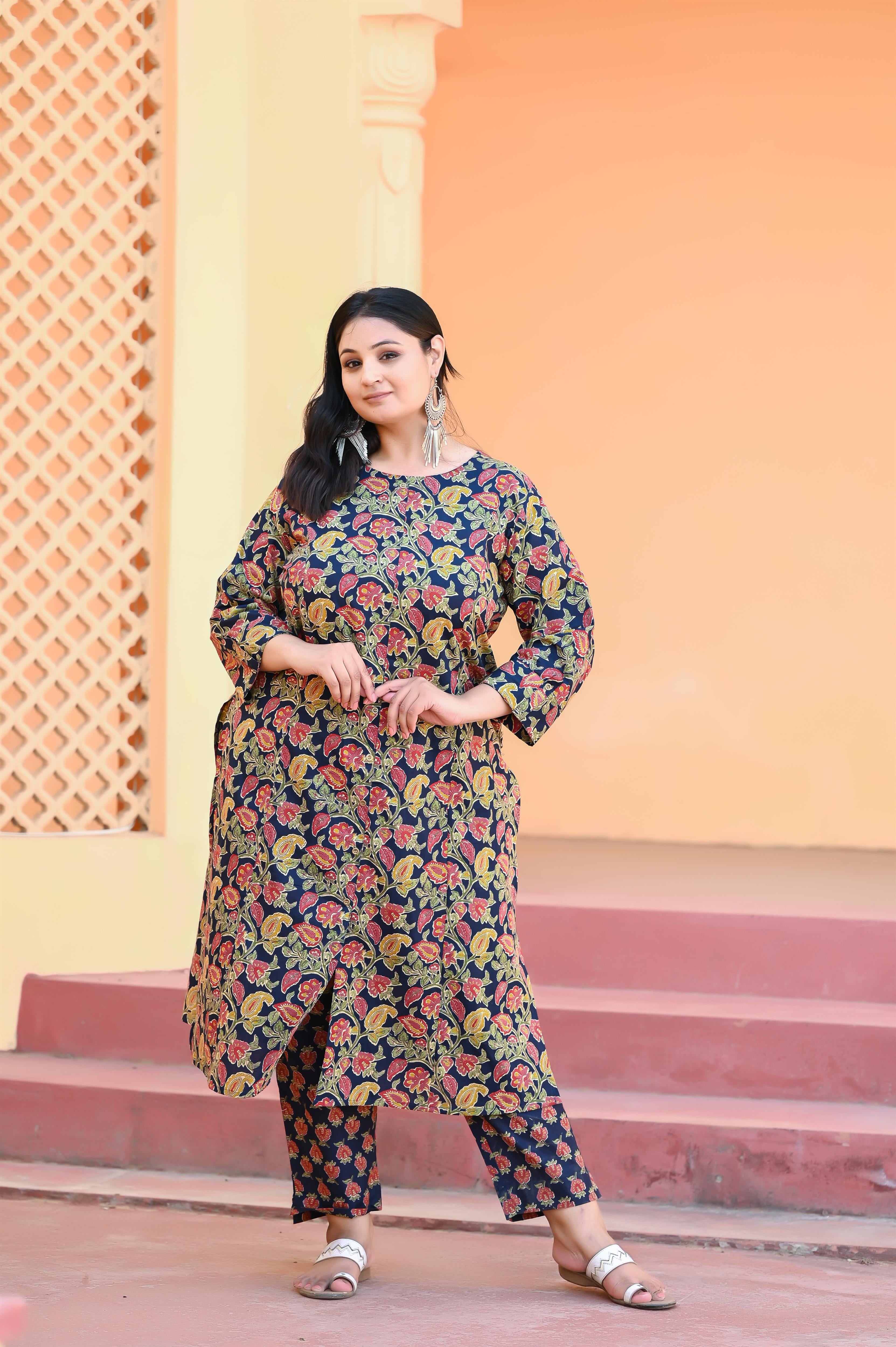 Navy Blue Kalamkari Printed A Line Kurta -Pant