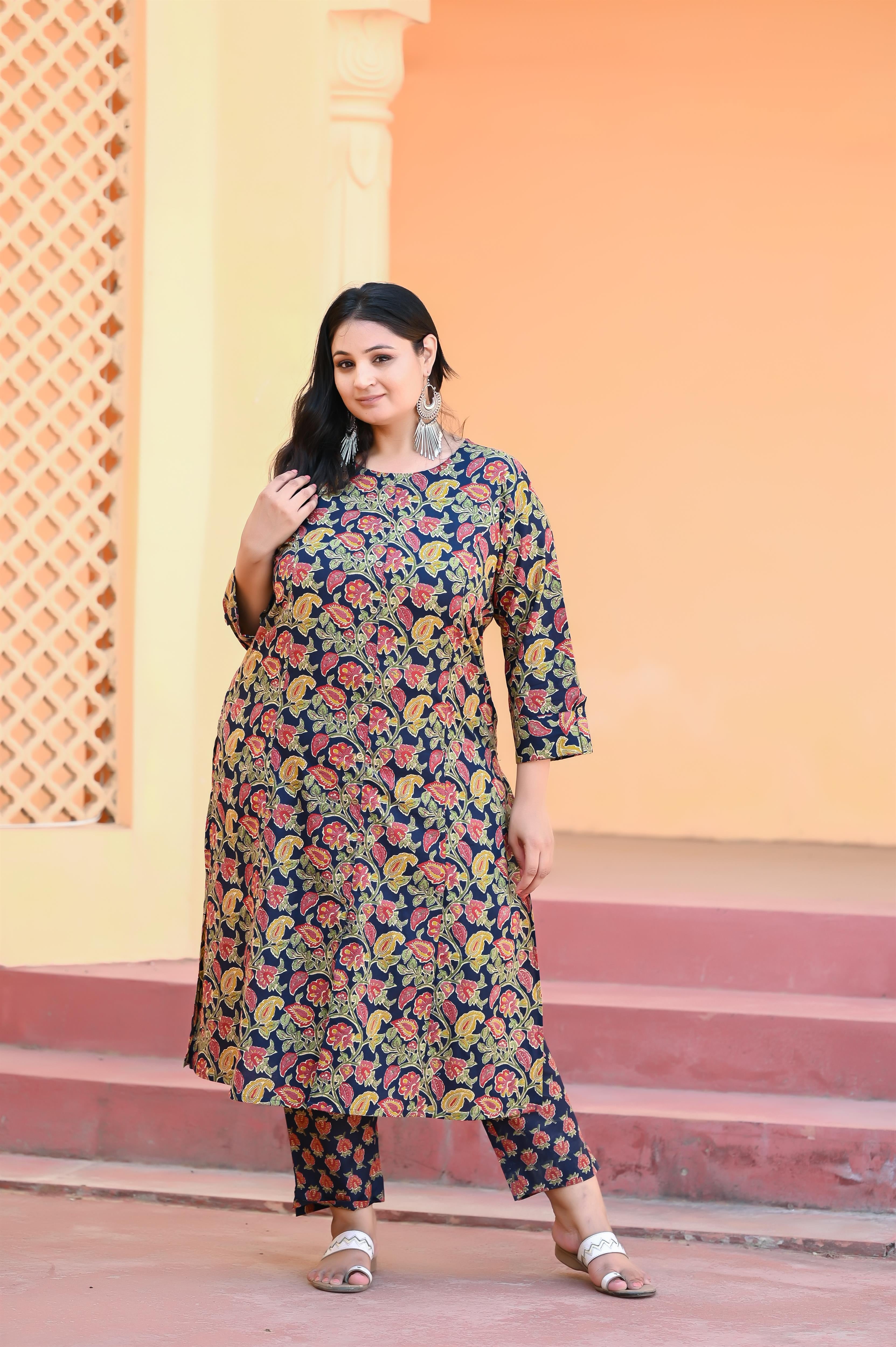 Navy Blue Kalamkari Printed A Line Kurta -Pant