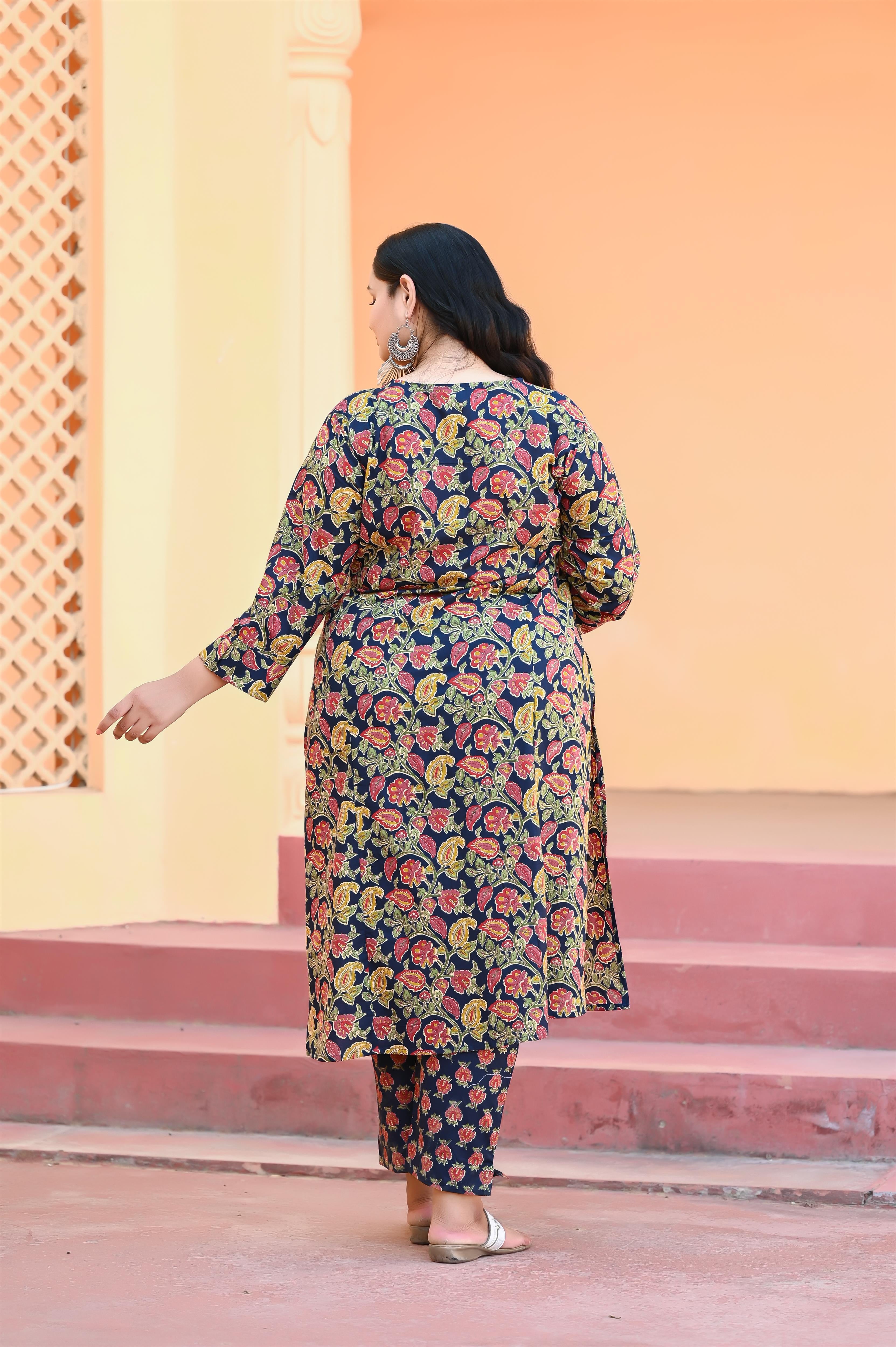 Navy Blue Kalamkari Printed A Line Kurta -Pant