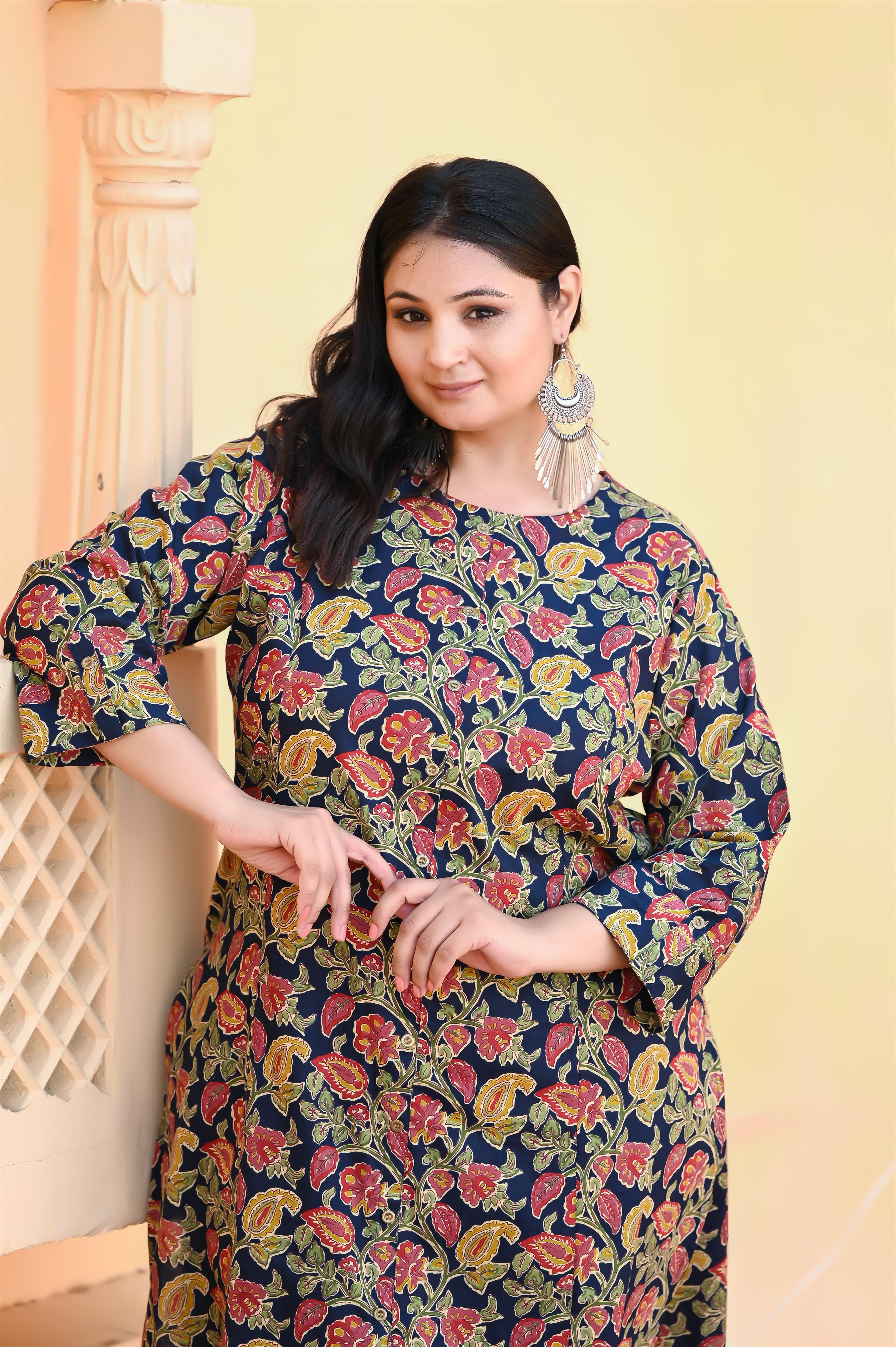 Navy Blue Kalamkari Printed A Line Kurta -Pant