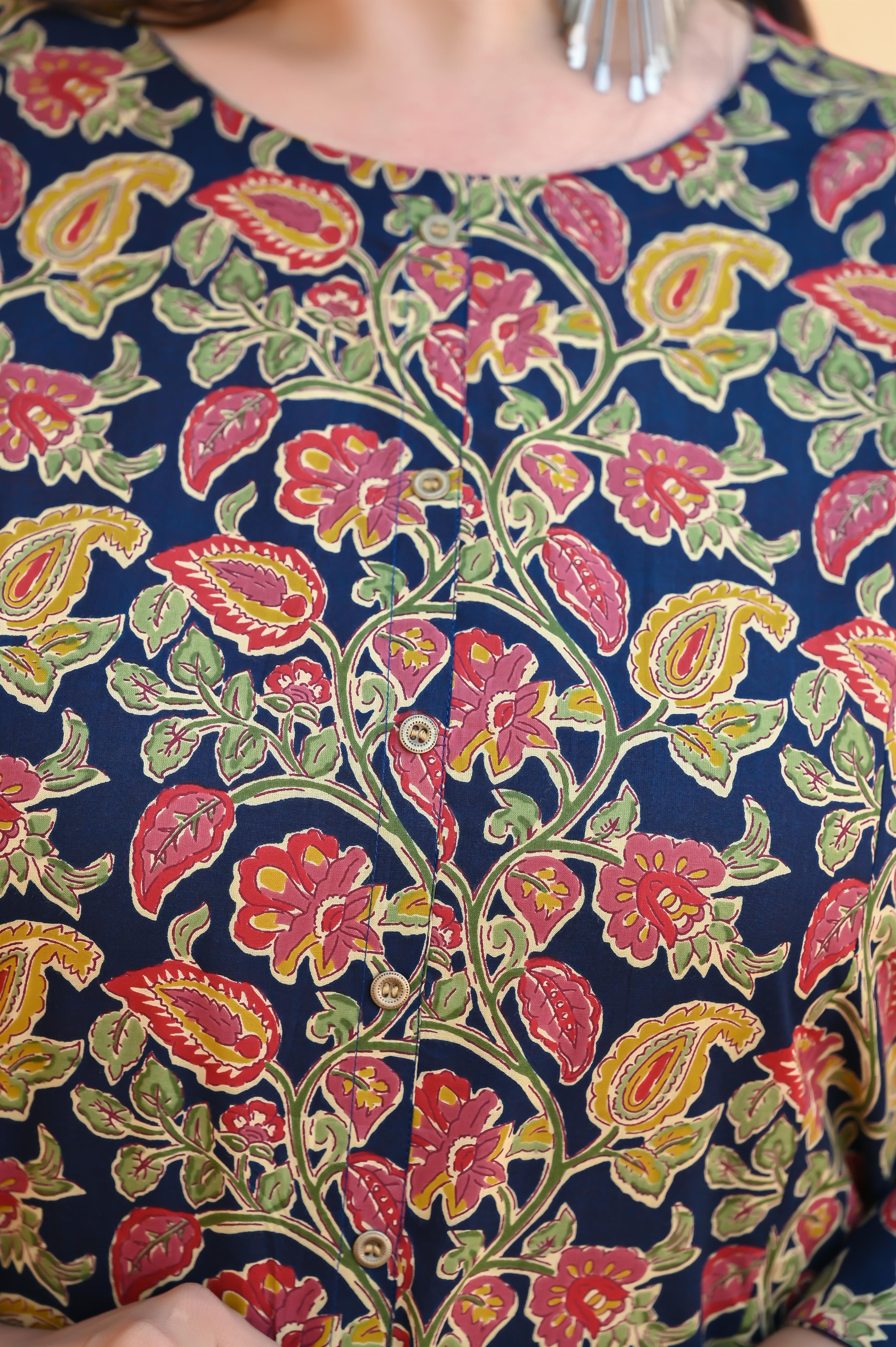 Navy Blue Kalamkari Printed A Line Kurta -Pant