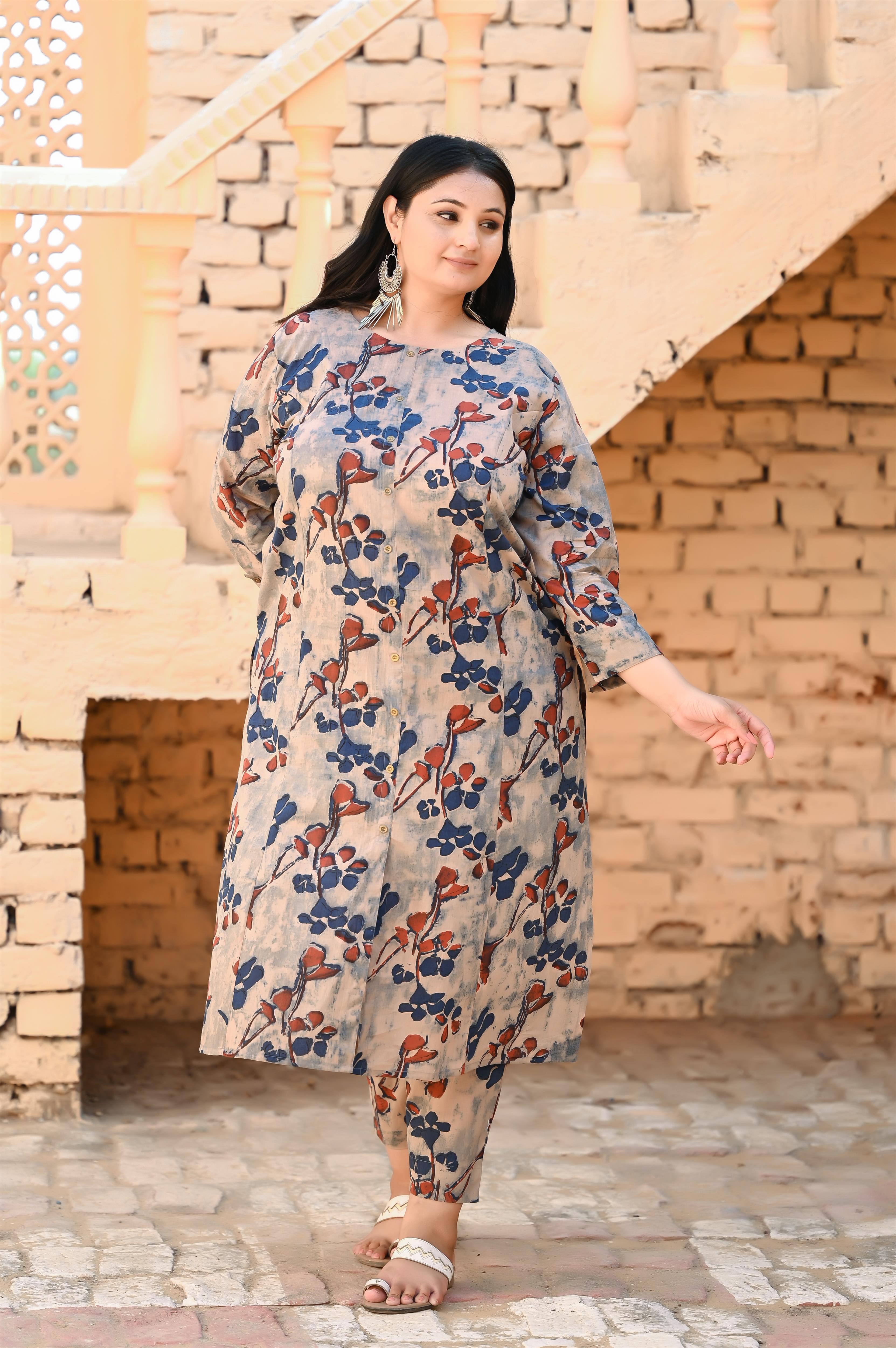 Gray indigo printed pure cotton kurta pant