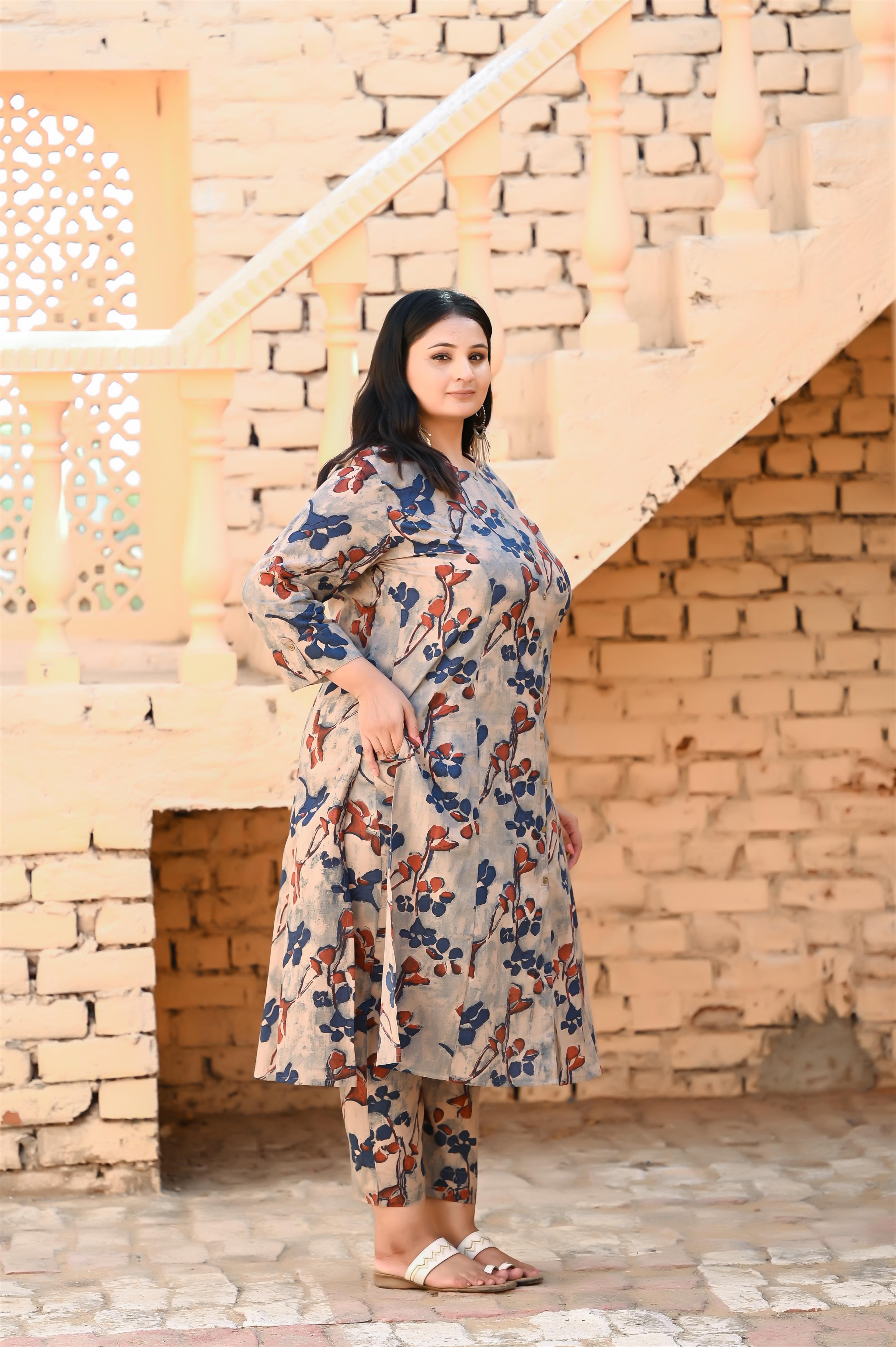 Gray indigo printed pure cotton kurta pant