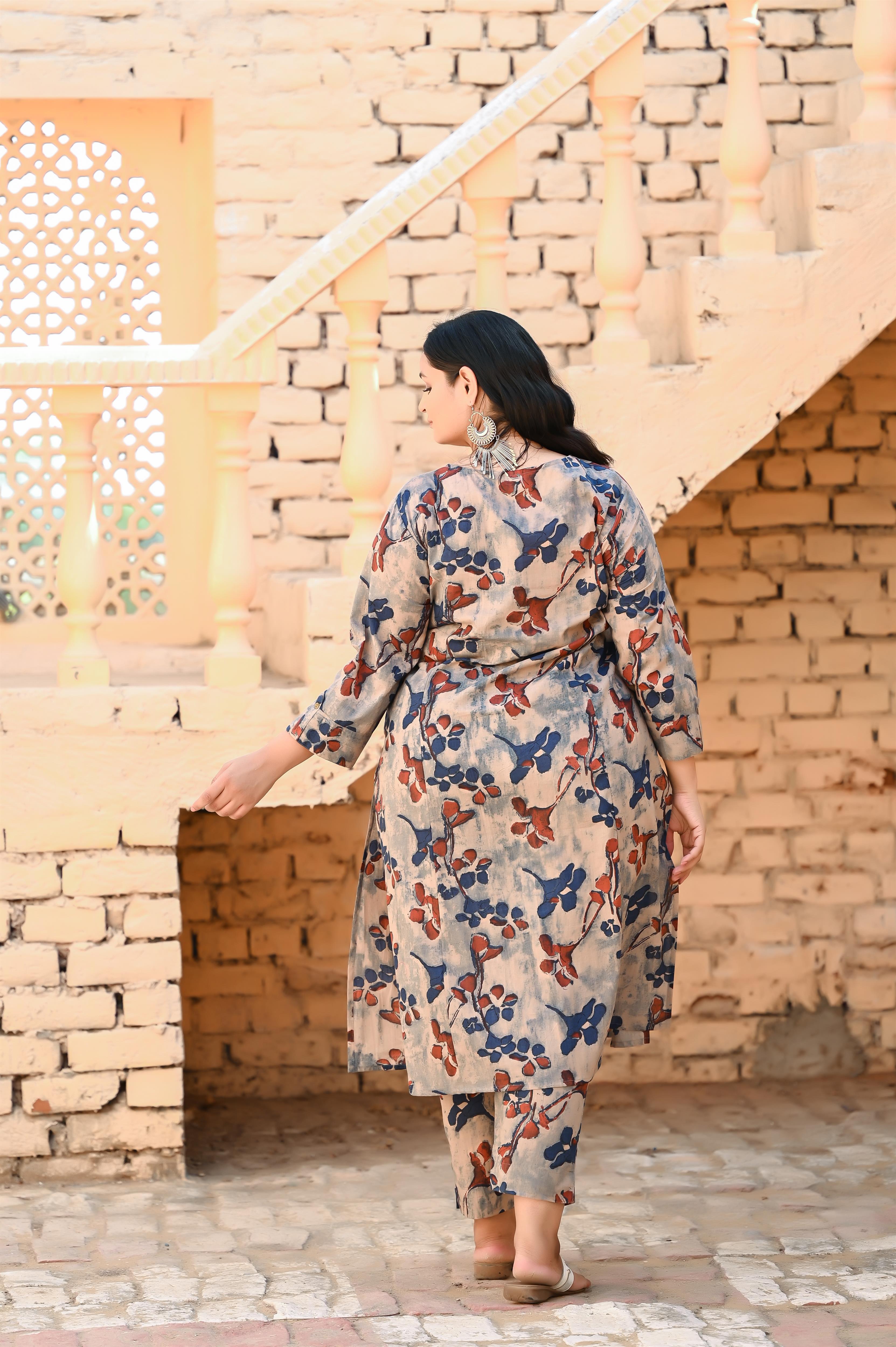 Gray indigo printed pure cotton kurta pant