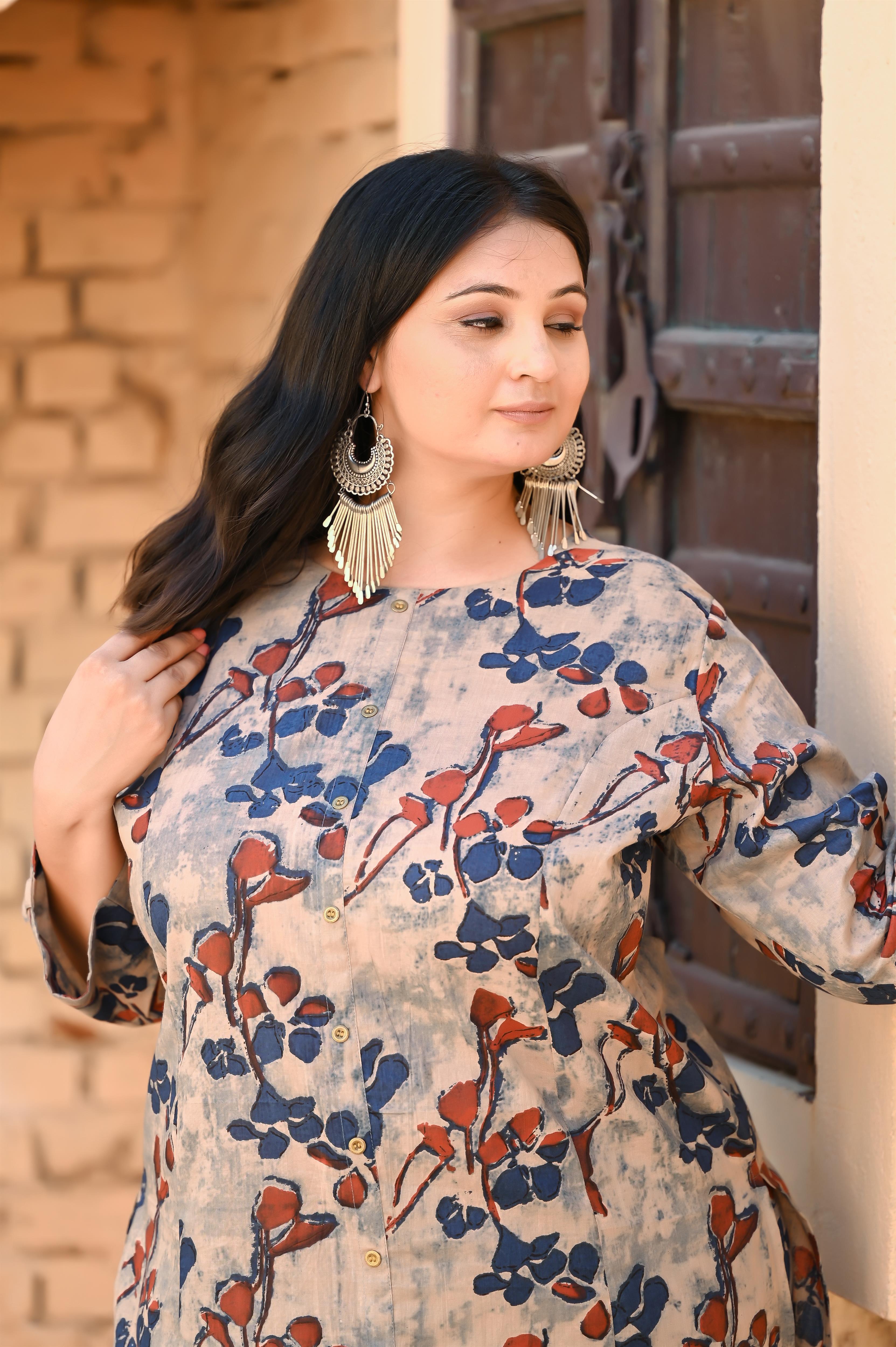 Gray indigo printed pure cotton kurta pant