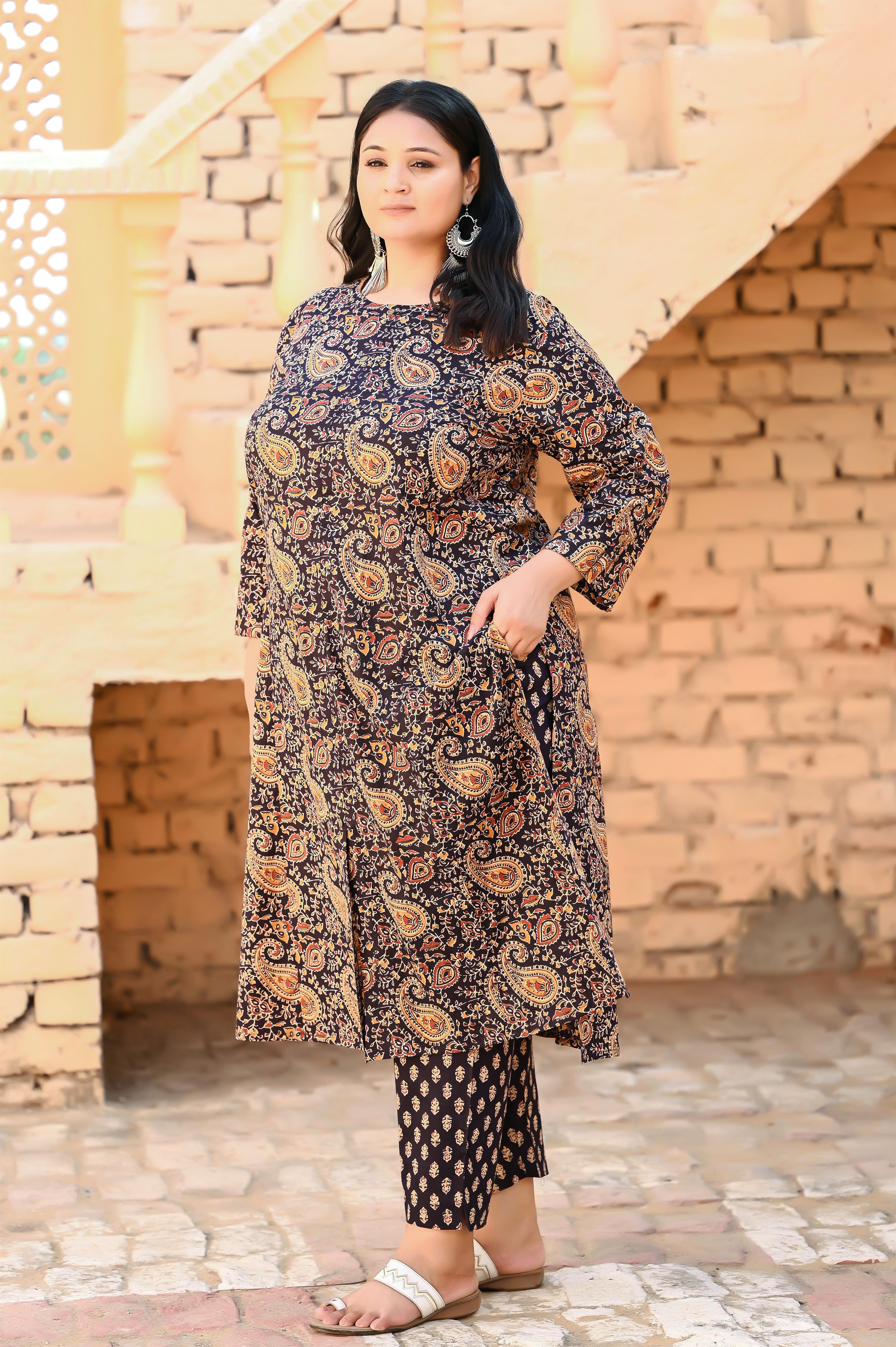 Plus size dark blue kalamkari printed kurta pant