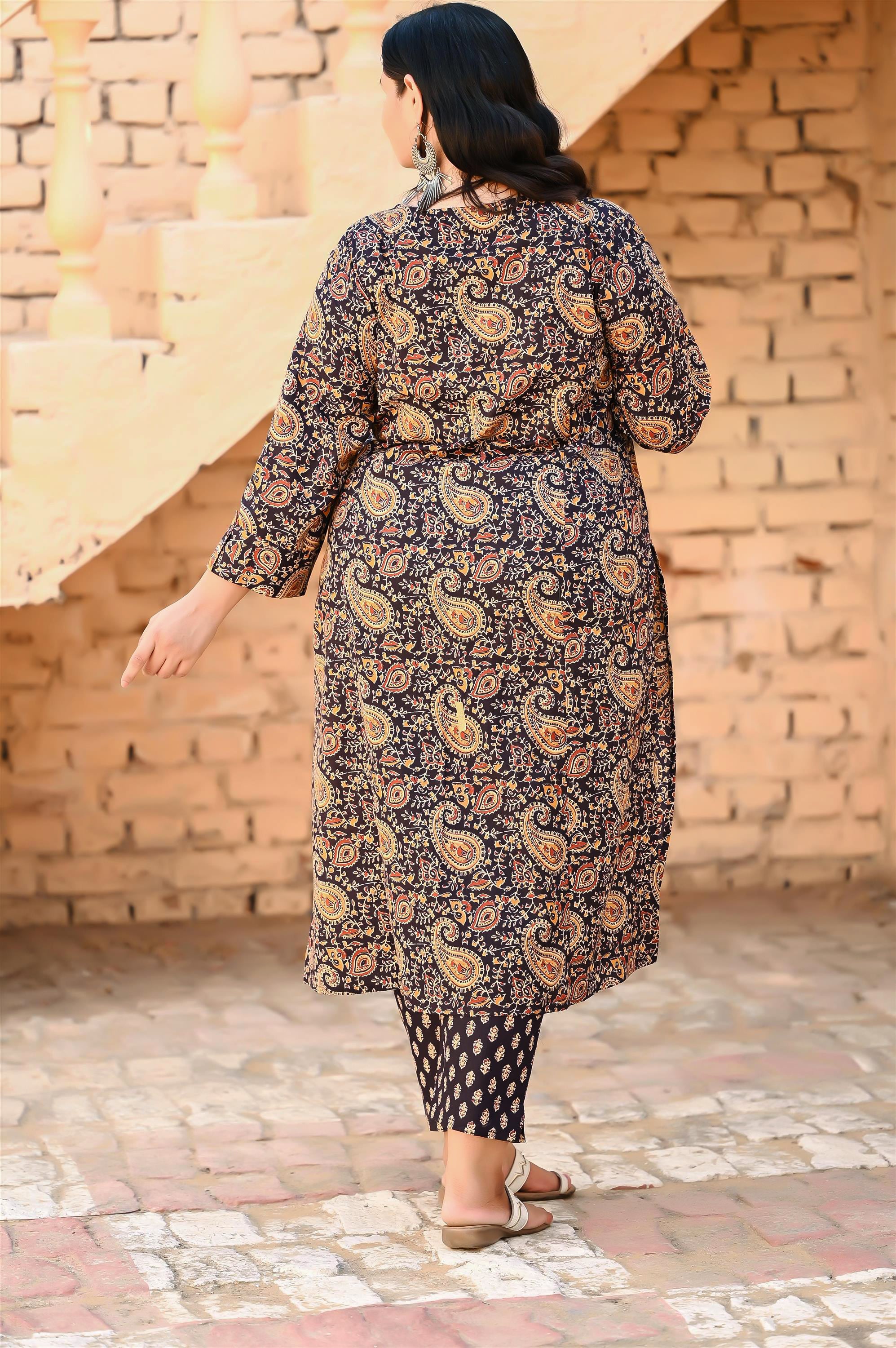 Plus size dark blue kalamkari printed kurta pant