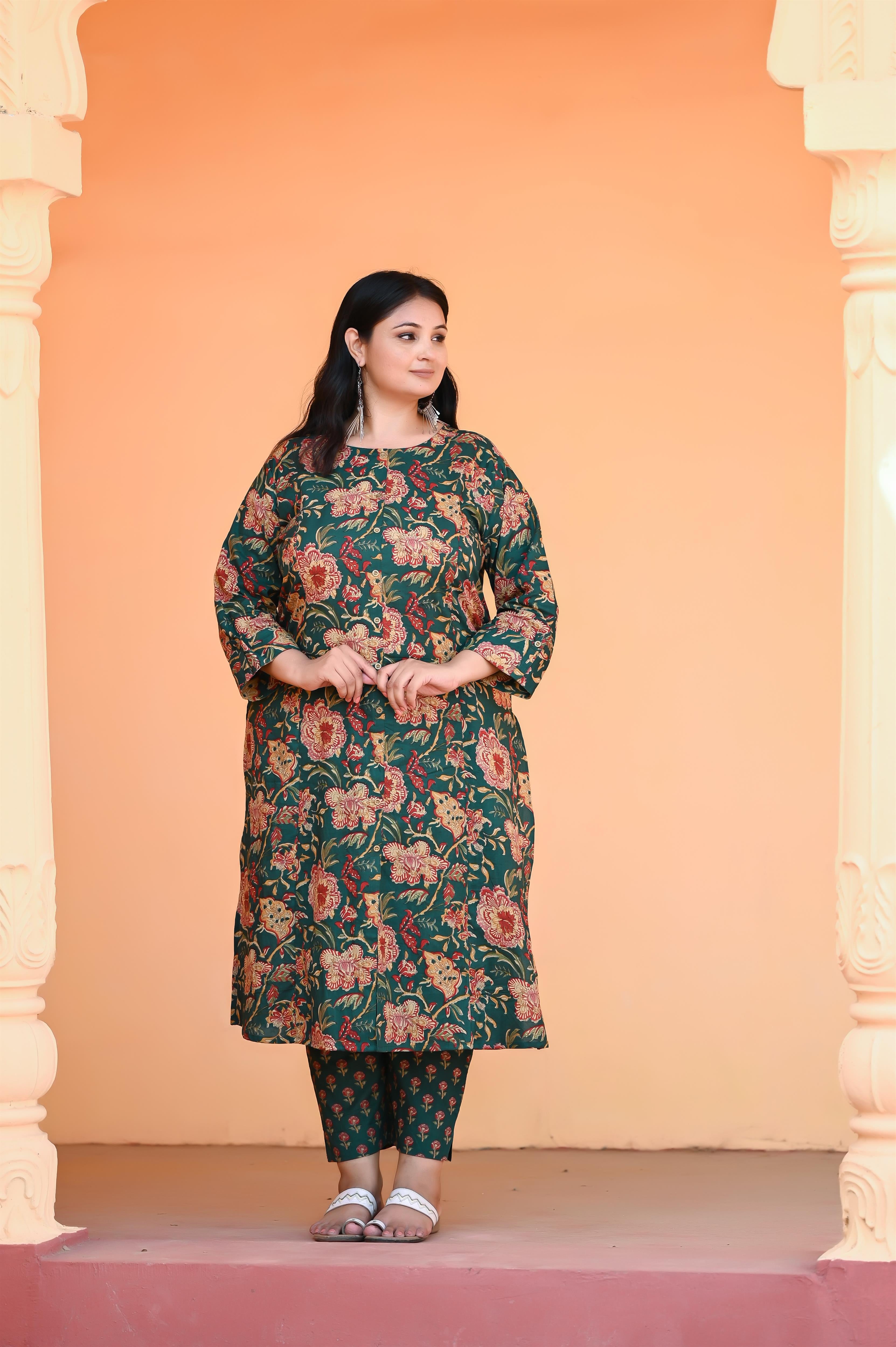 Green Kalamkari Hand Block Printed A Line Kurta-Pant