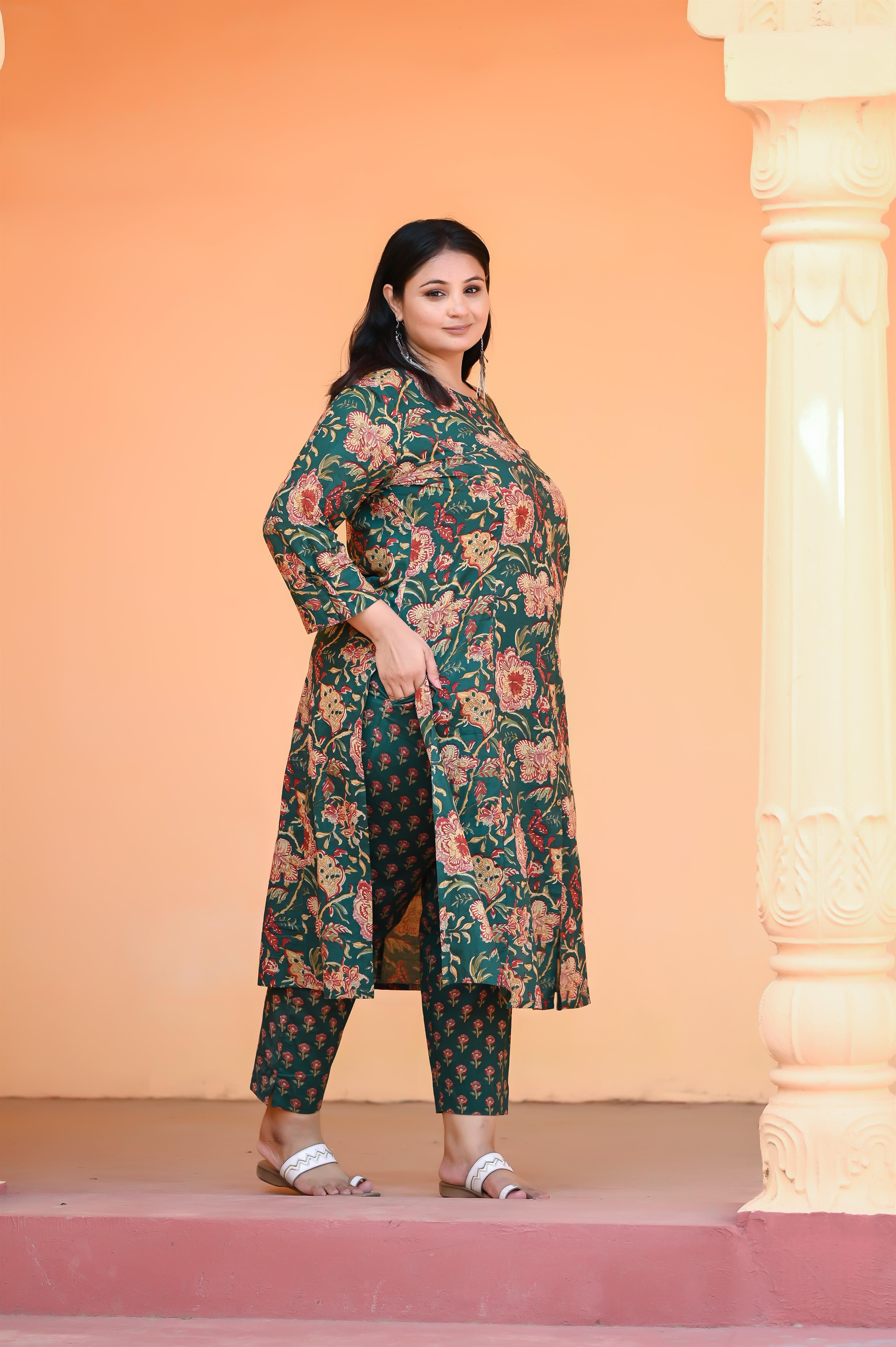 Green Kalamkari Hand Block Printed A Line Kurta-Pant