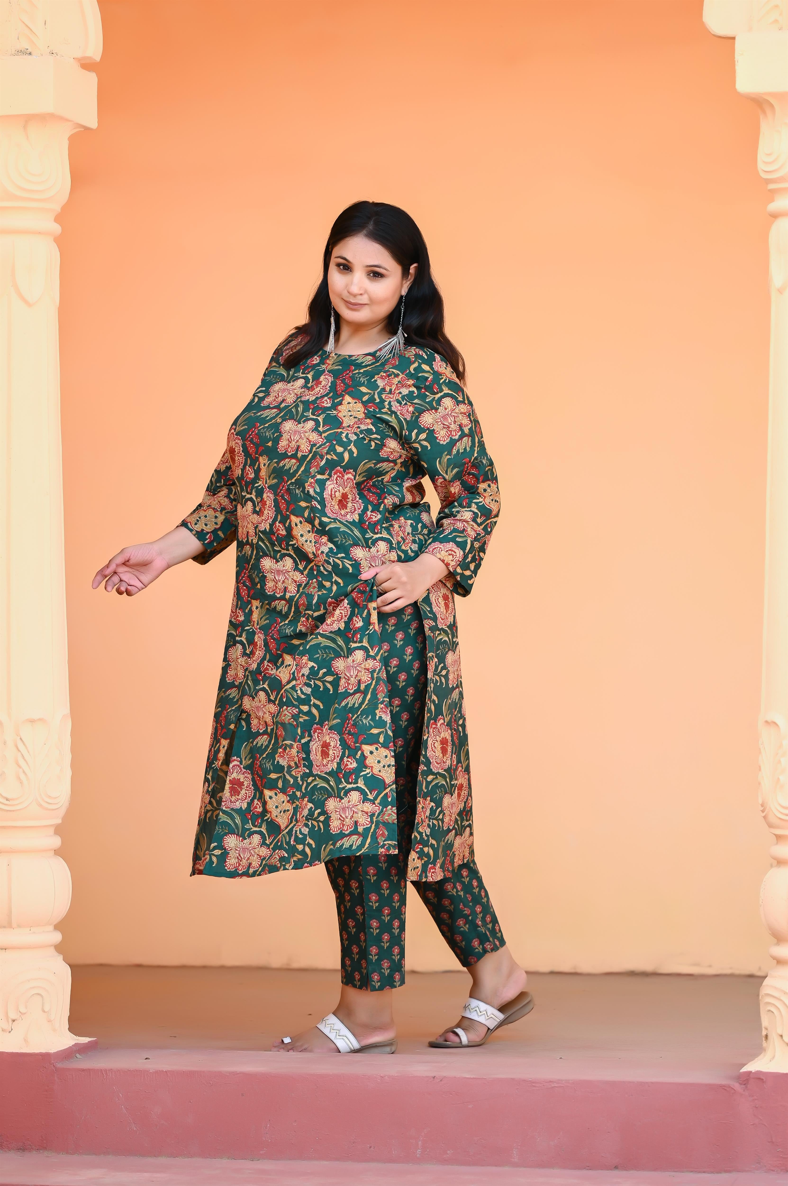 Green Kalamkari Hand Block Printed A Line Kurta-Pant