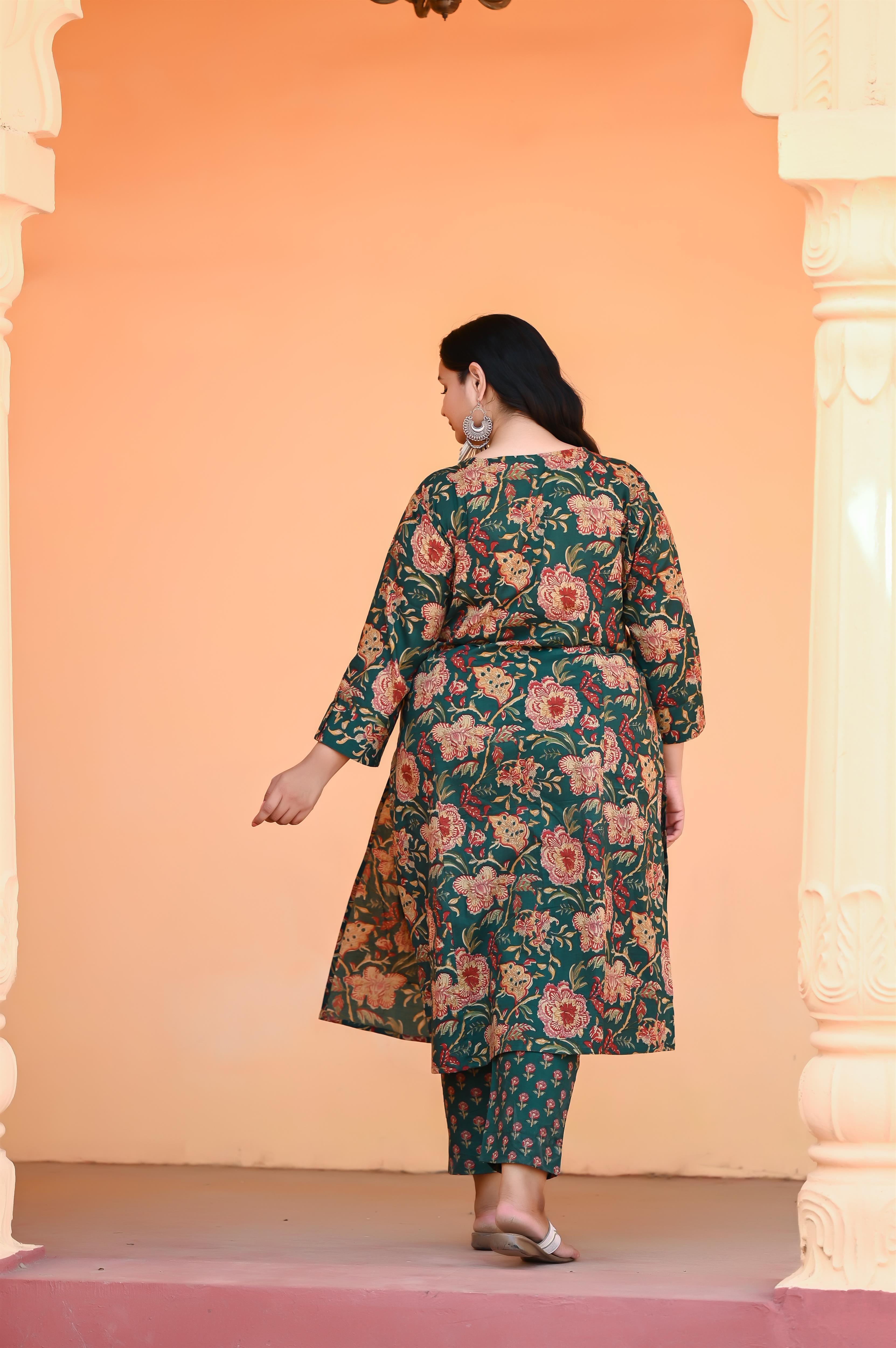 Green Kalamkari Hand Block Printed A Line Kurta-Pant