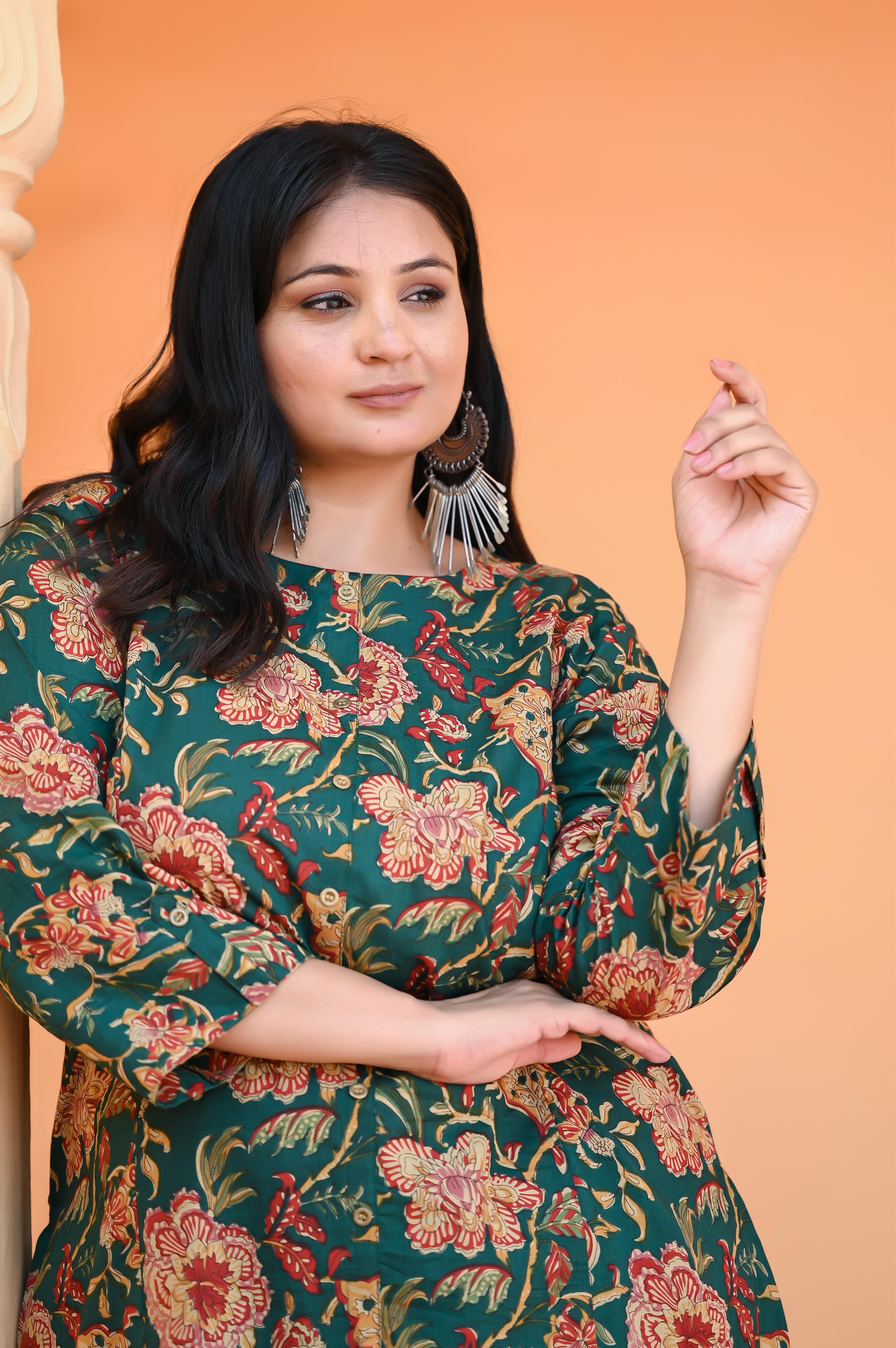 Green Kalamkari Hand Block Printed A Line Kurta-Pant