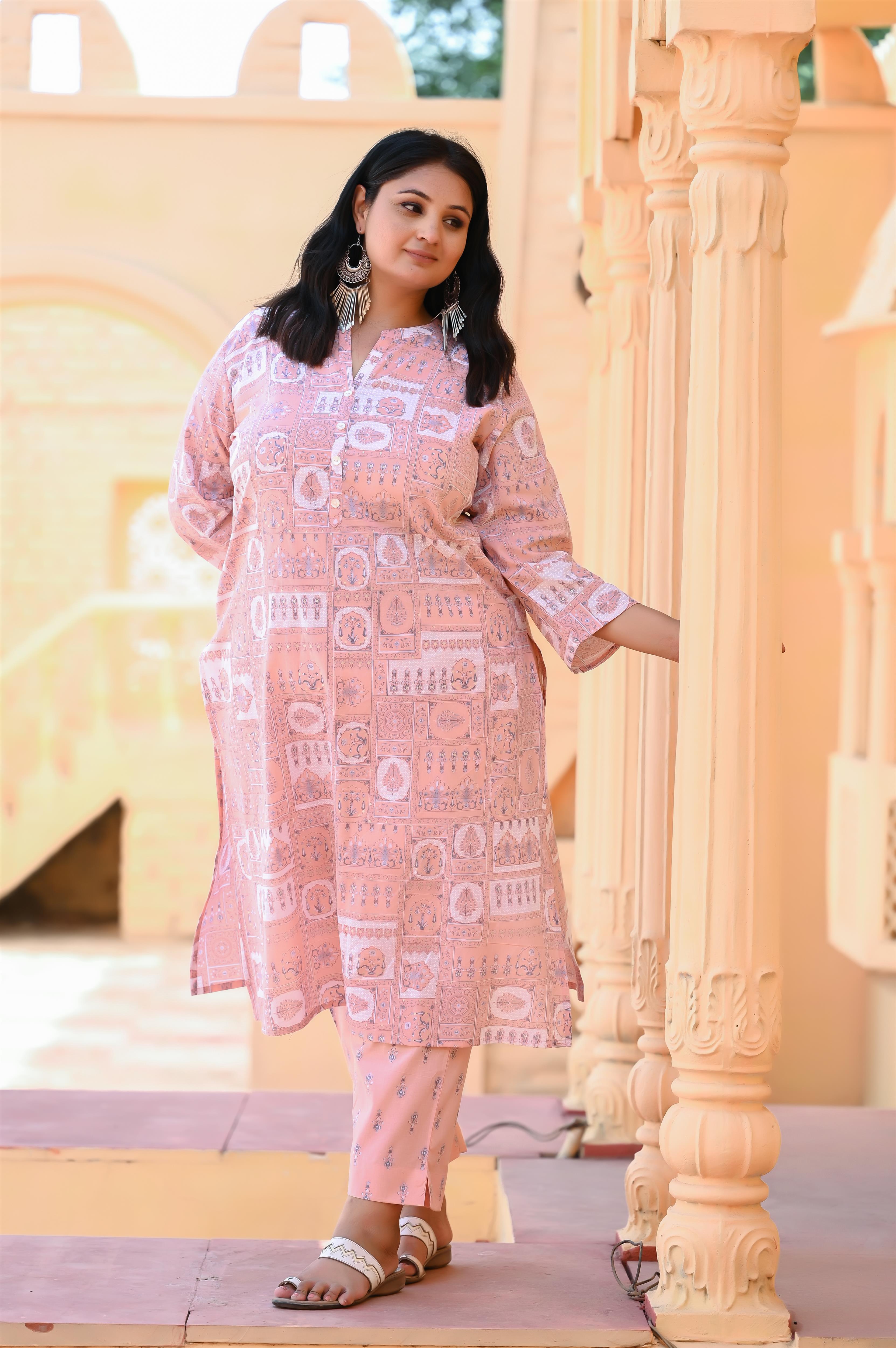 Peach Color Pure Cotton Straight Kurta-Pant