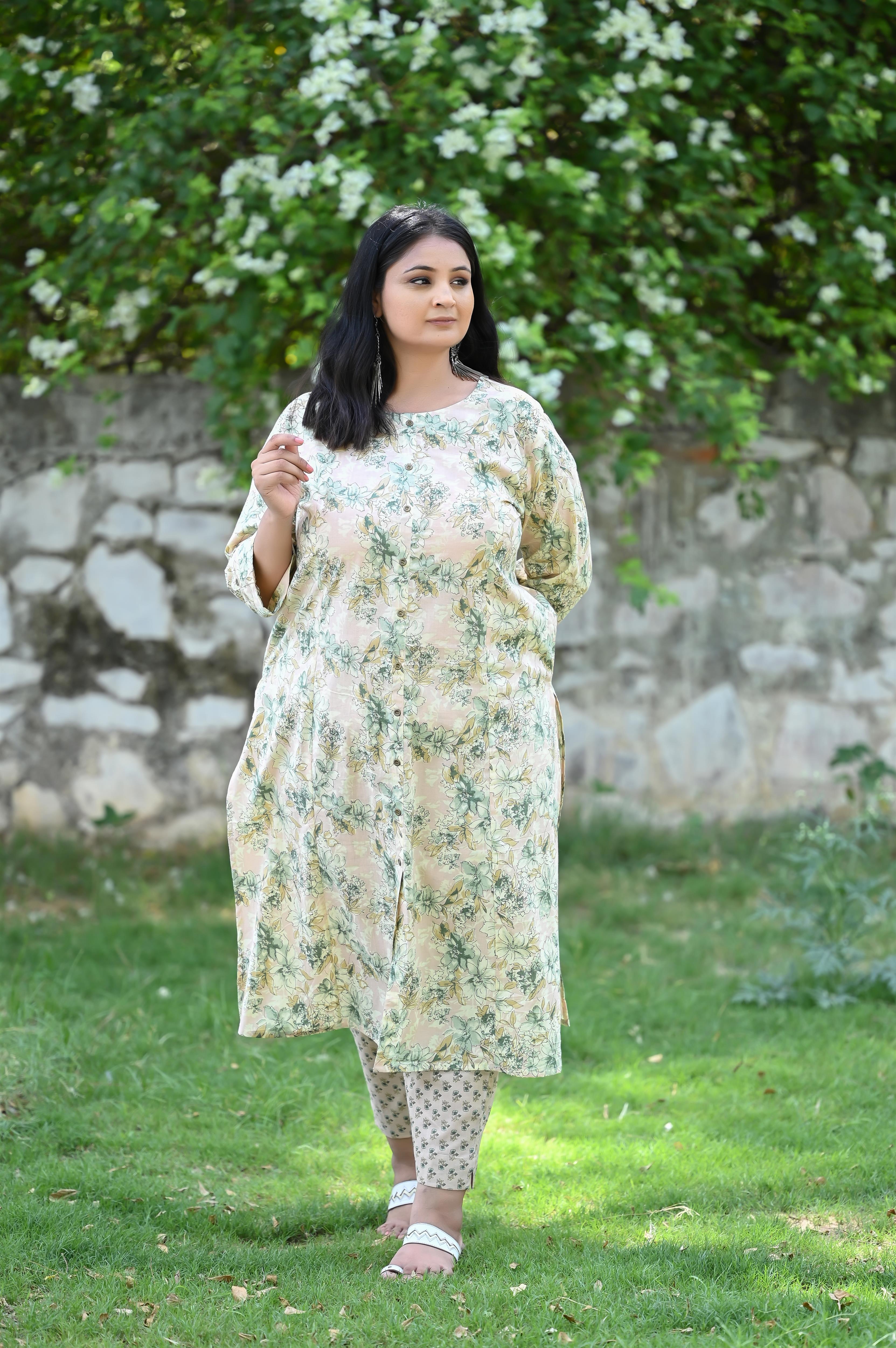 Peach Light Green Floral Printed Straight Kurta-Pant