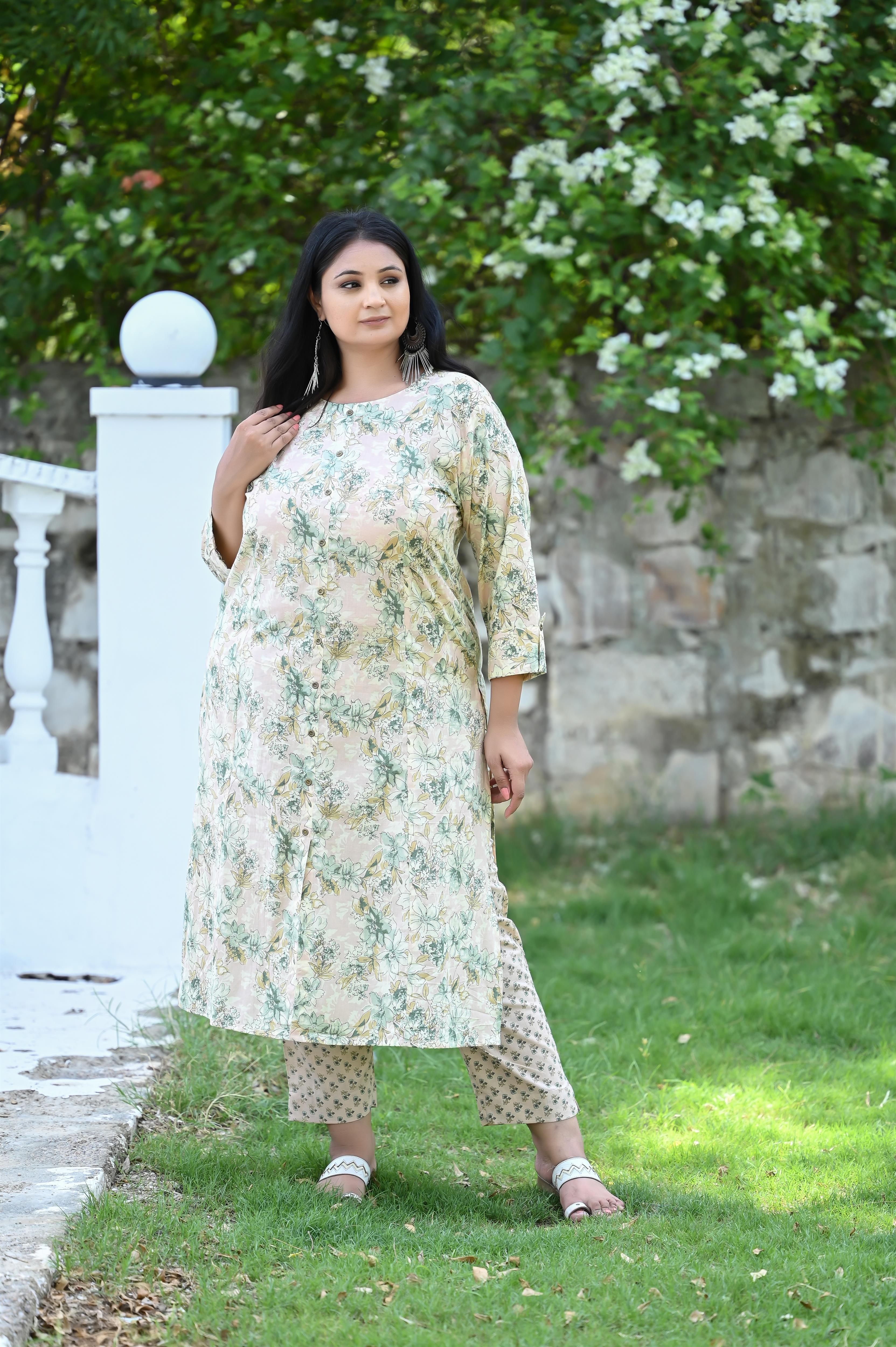 Peach Light Green Floral Printed Straight Kurta-Pant