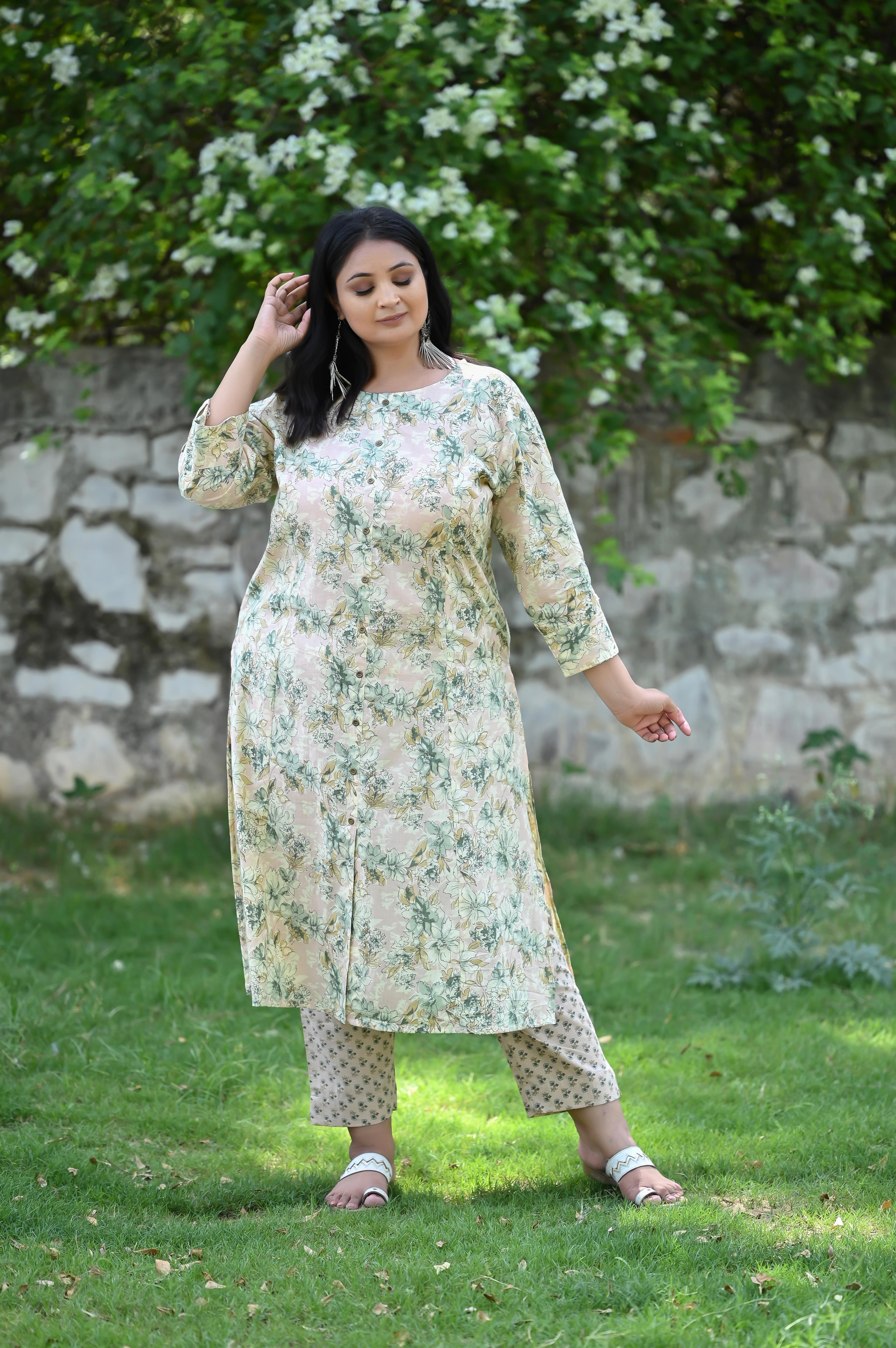 Peach Light Green Floral Printed Straight Kurta-Pant