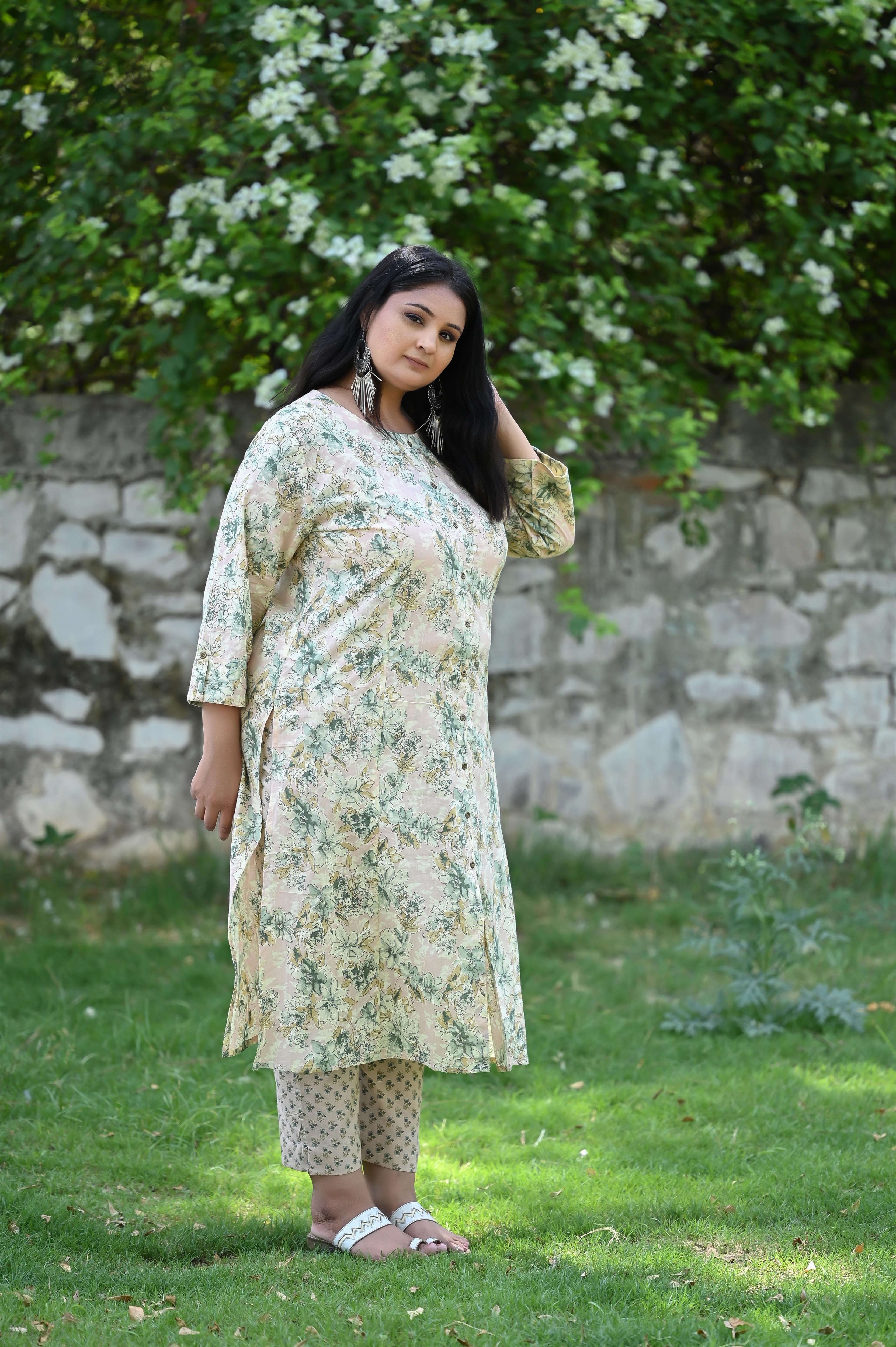 Peach Light Green Floral Printed Straight Kurta-Pant