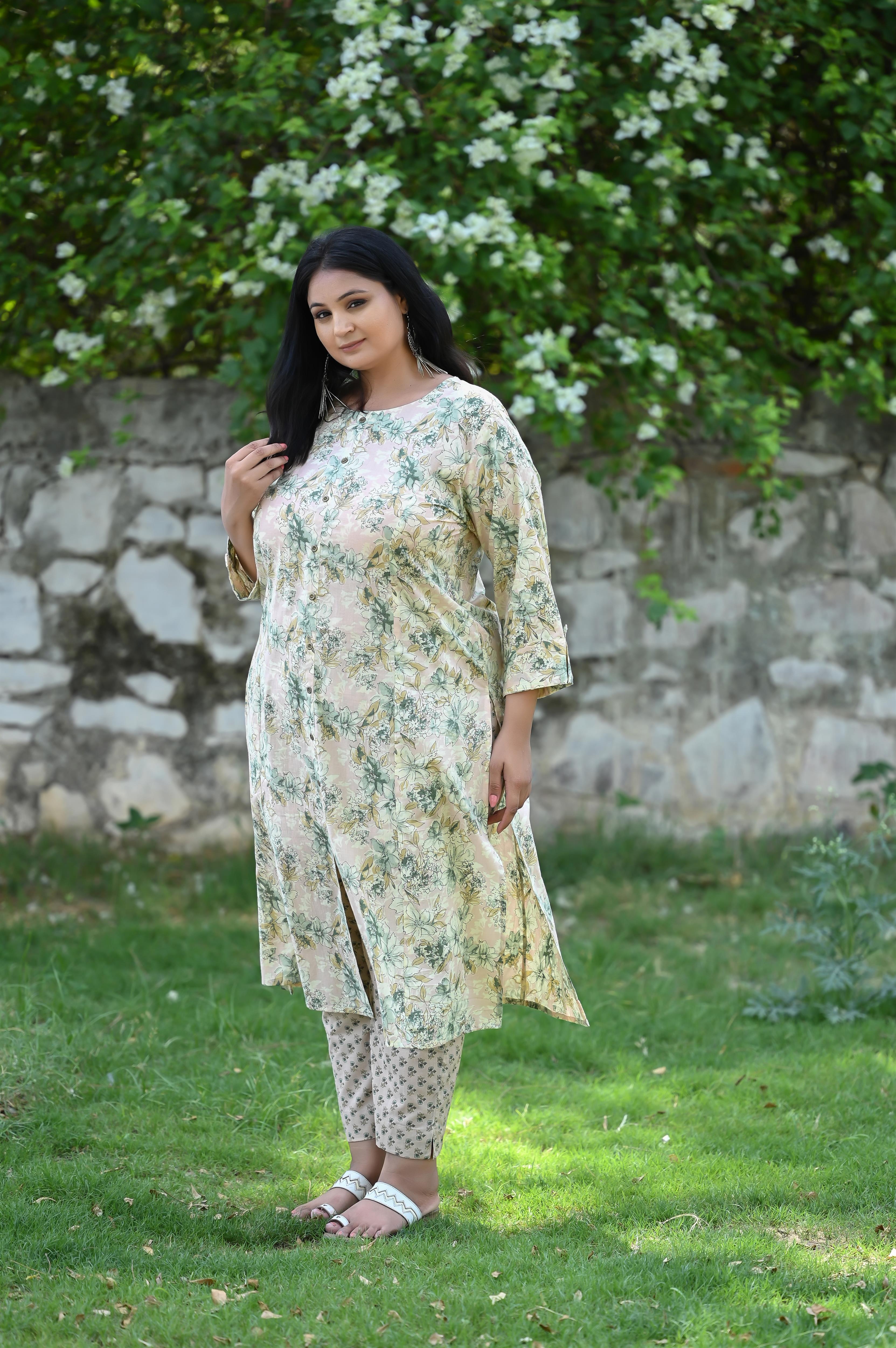 Peach Light Green Floral Printed Straight Kurta-Pant