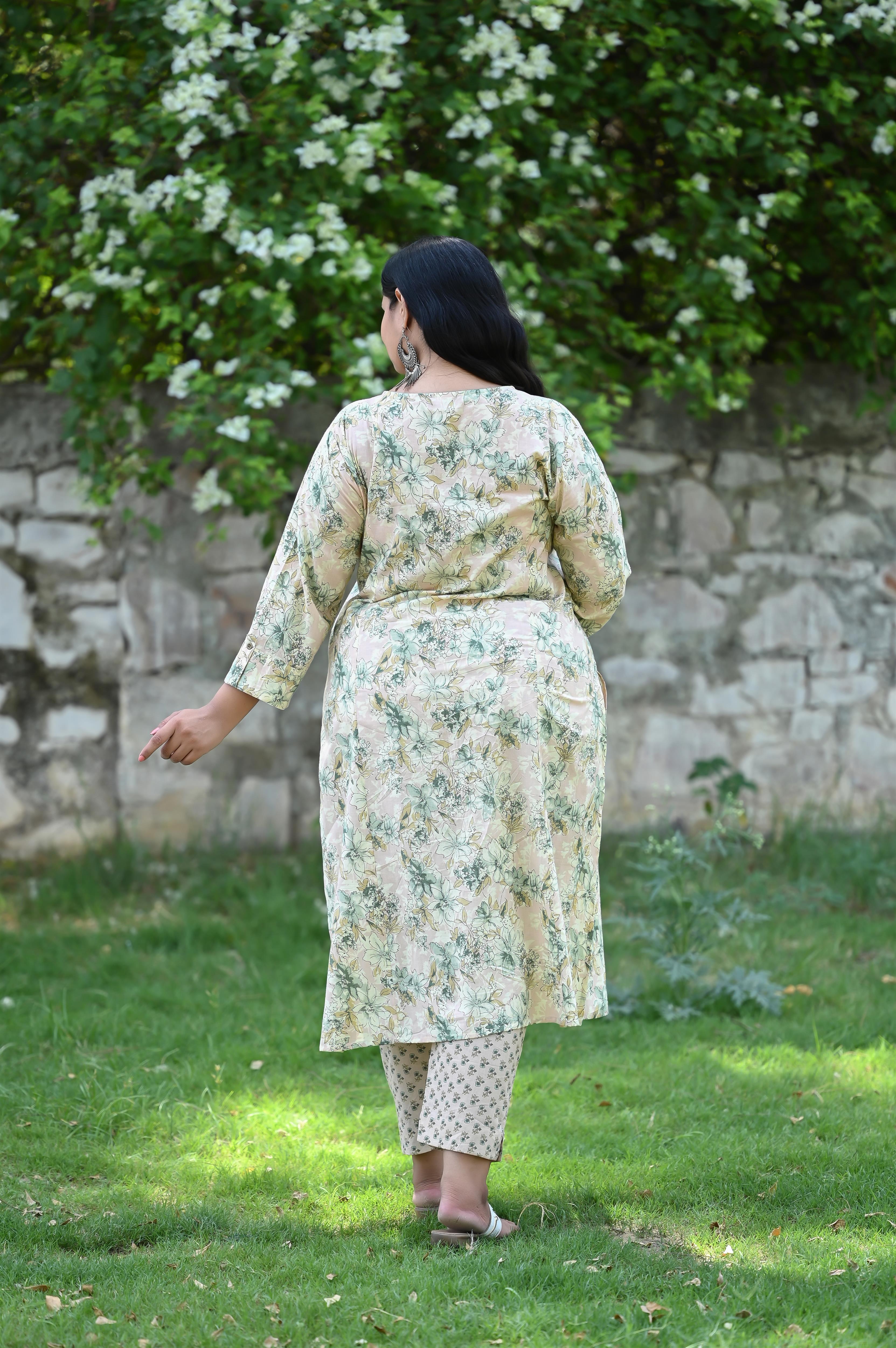 Peach Light Green Floral Printed Straight Kurta-Pant