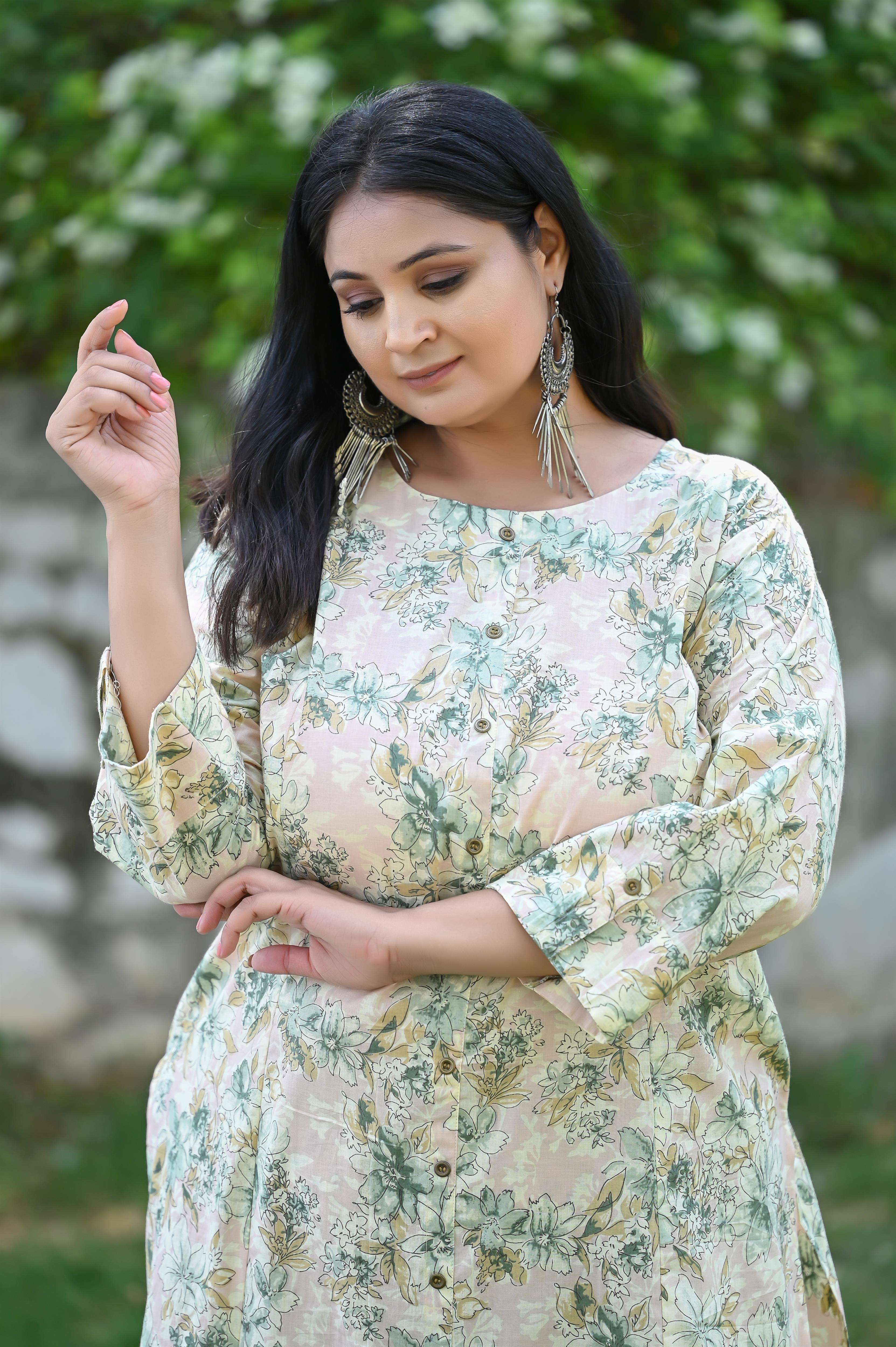 Peach Light Green Floral Printed Straight Kurta-Pant