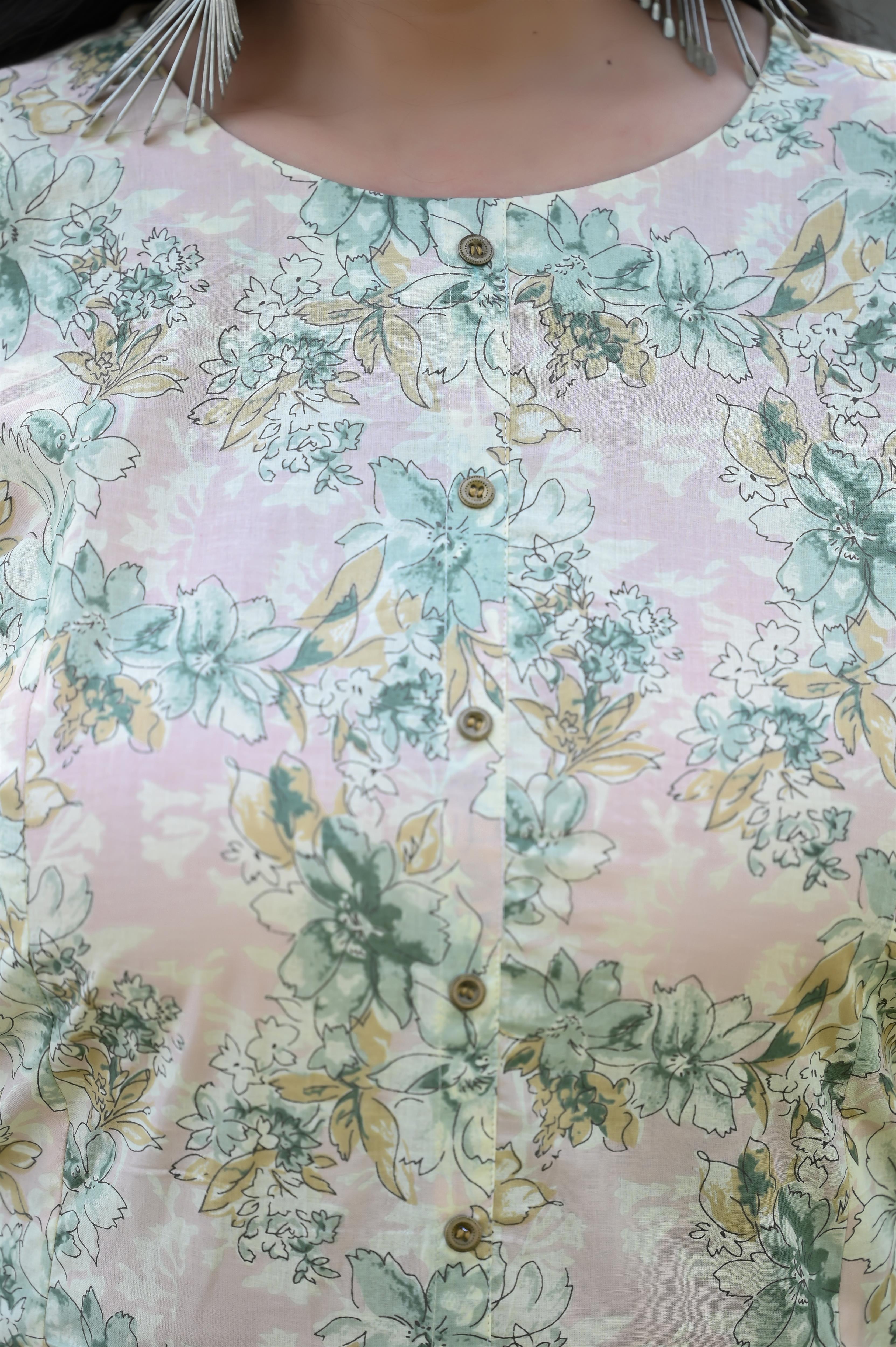 Peach Light Green Floral Printed Straight Kurta-Pant