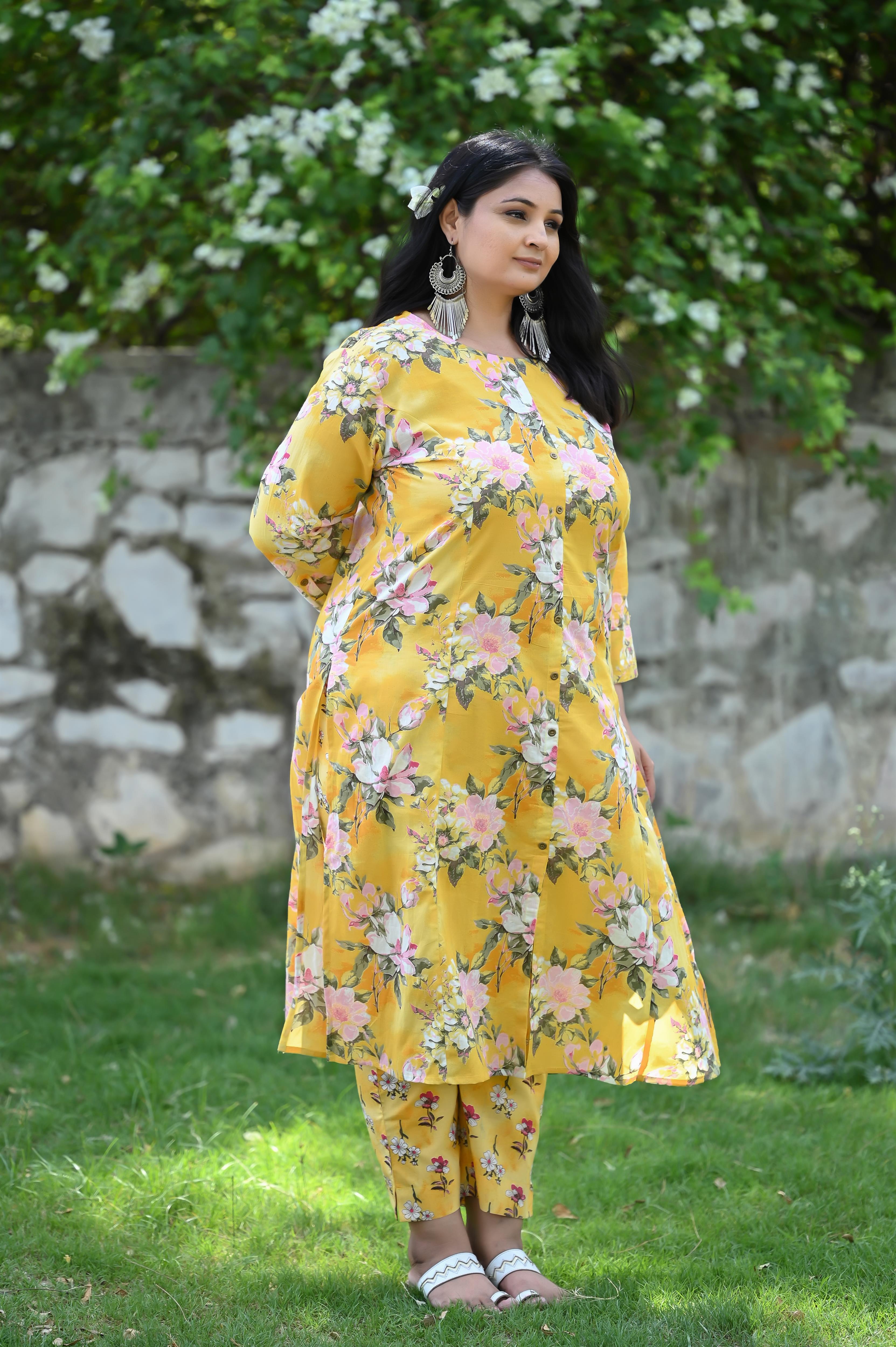 Yellow-Pink Floral Printed A Line Kurta-Pant