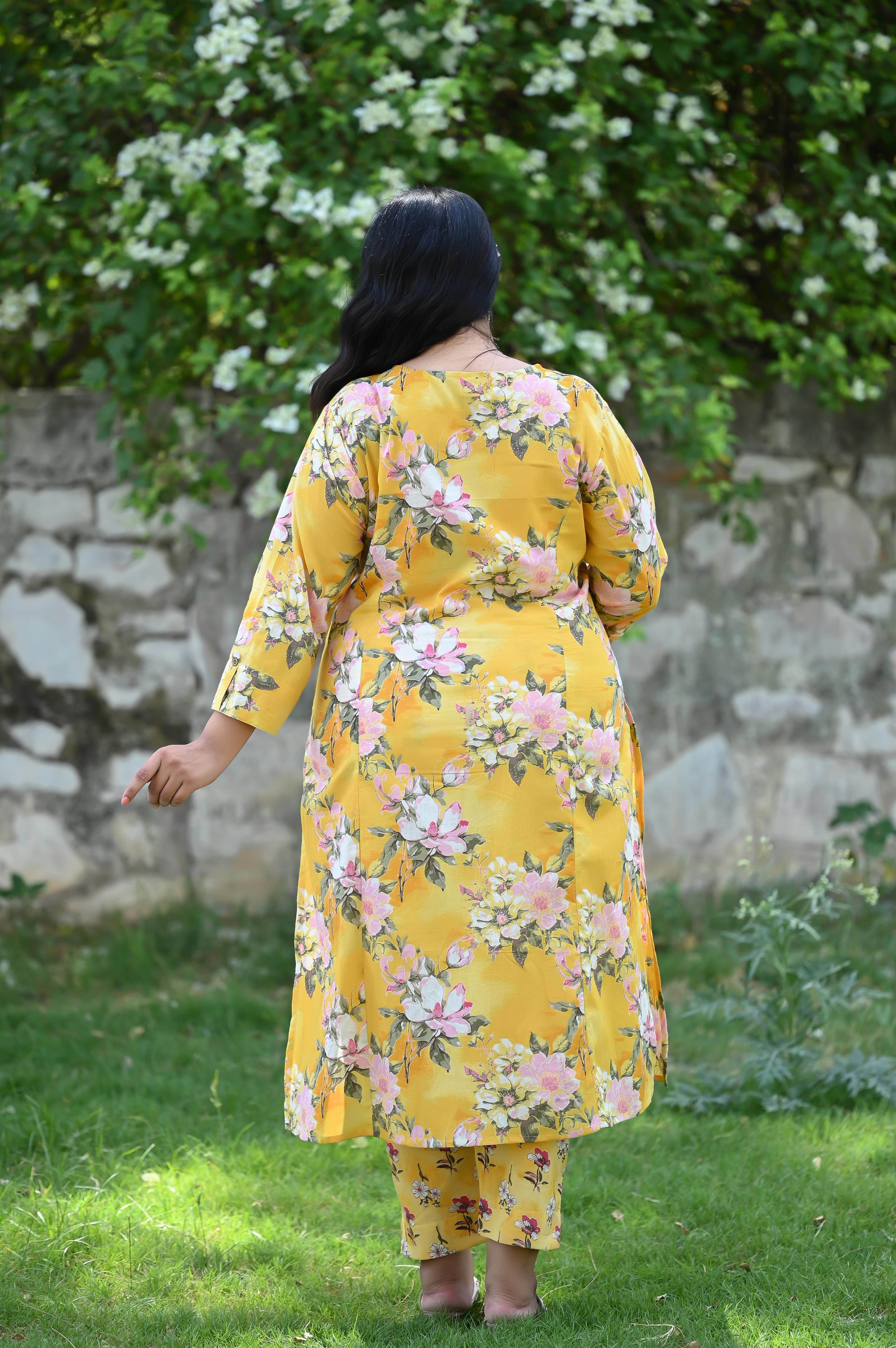 Yellow-Pink Floral Printed A Line Kurta-Pant