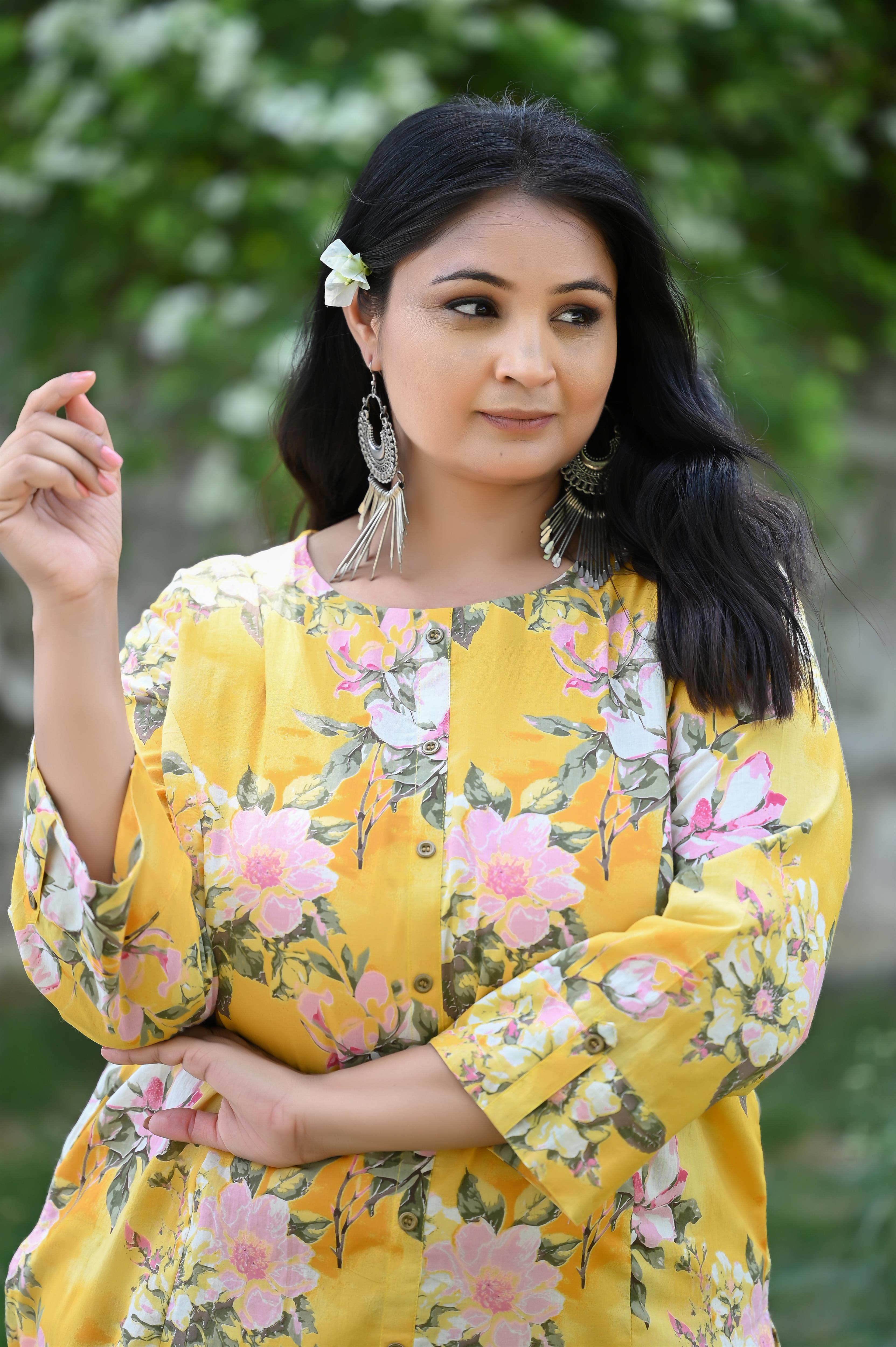 Yellow-Pink Floral Printed A Line Kurta-Pant